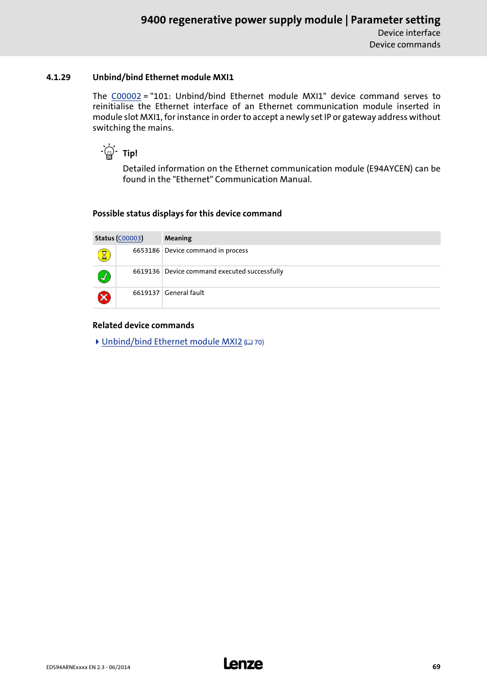 29 unbind/bind ethernet module mxi1, Unbind/bind ethernet module mxi1 | Lenze E94ARNE Regenerative power supply User Manual | Page 69 / 360