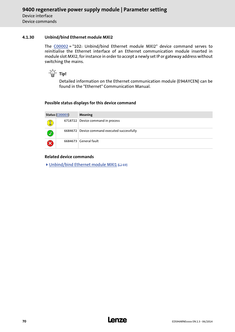 30 unbind/bind ethernet module mxi2, Unbind/bind ethernet module mxi2 | Lenze E94ARNE Regenerative power supply User Manual | Page 70 / 360