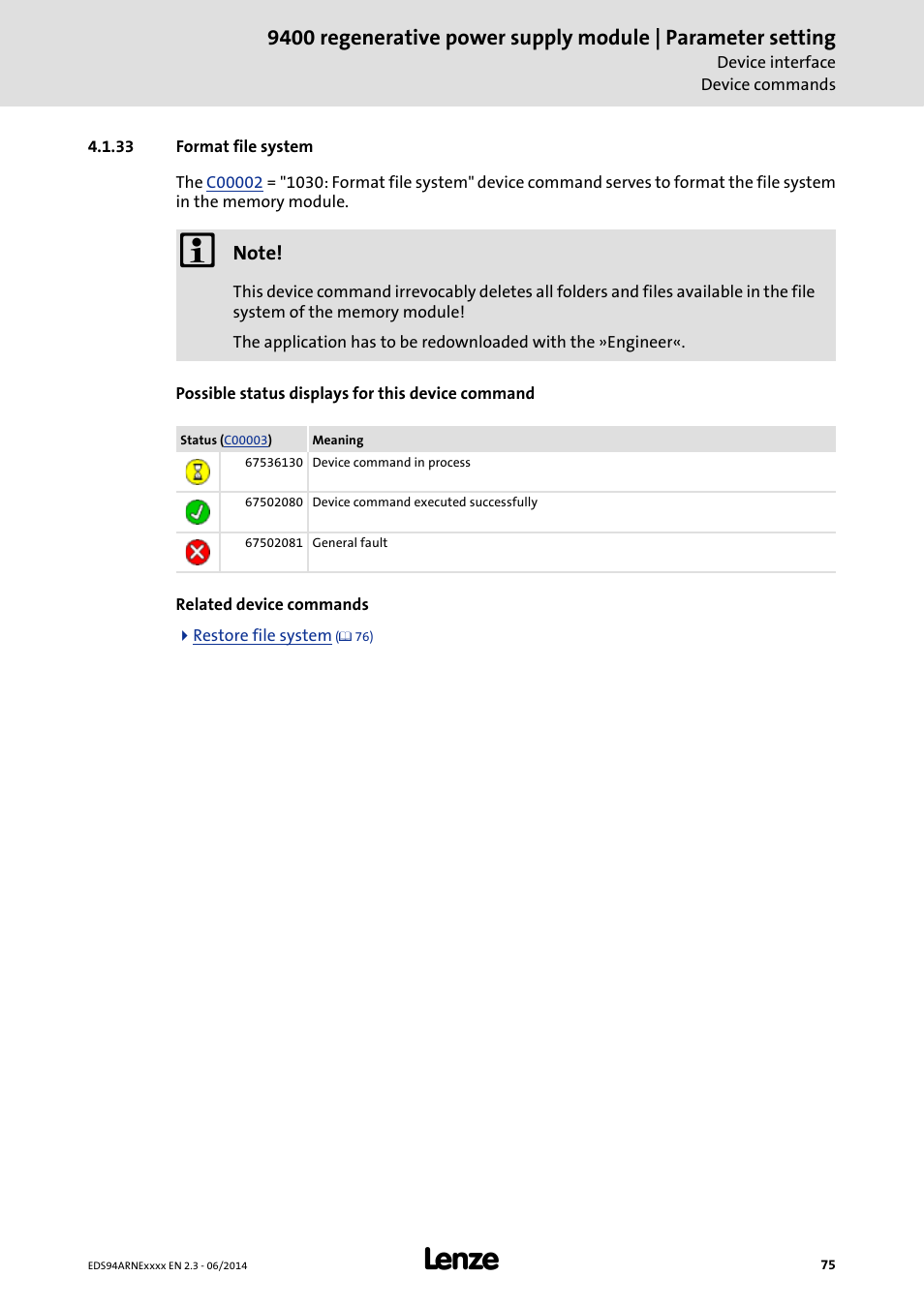 33 format file system, Format file system | Lenze E94ARNE Regenerative power supply User Manual | Page 75 / 360