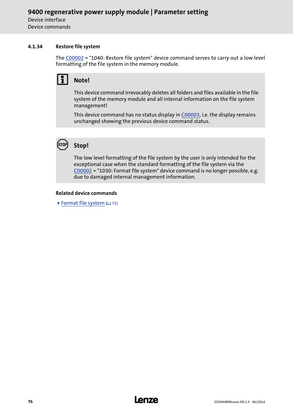34 restore file system, Restore file system | Lenze E94ARNE Regenerative power supply User Manual | Page 76 / 360