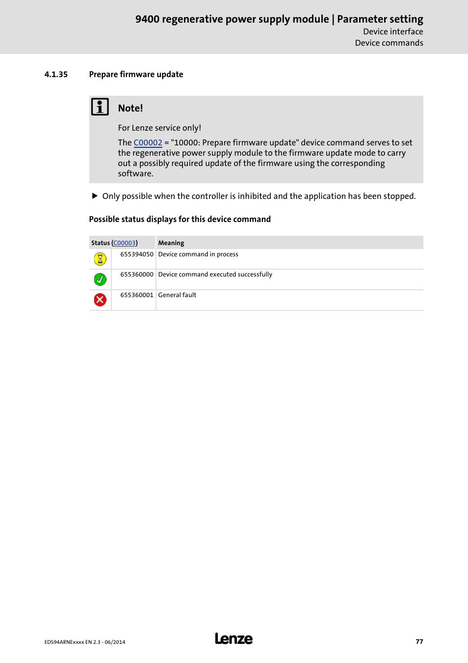 35 prepare firmware update, Prepare firmware update | Lenze E94ARNE Regenerative power supply User Manual | Page 77 / 360