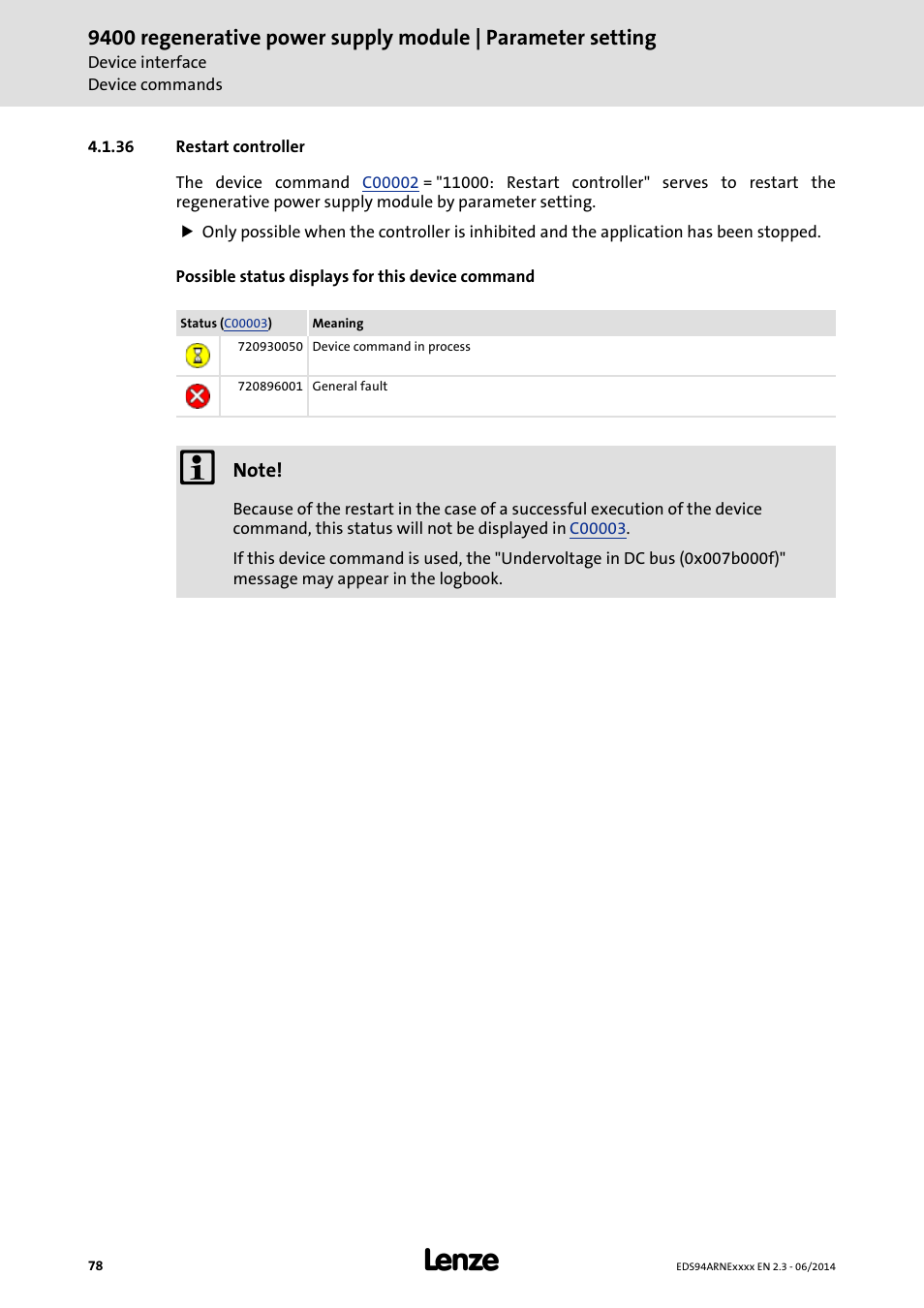 36 restart controller, Restart controller | Lenze E94ARNE Regenerative power supply User Manual | Page 78 / 360