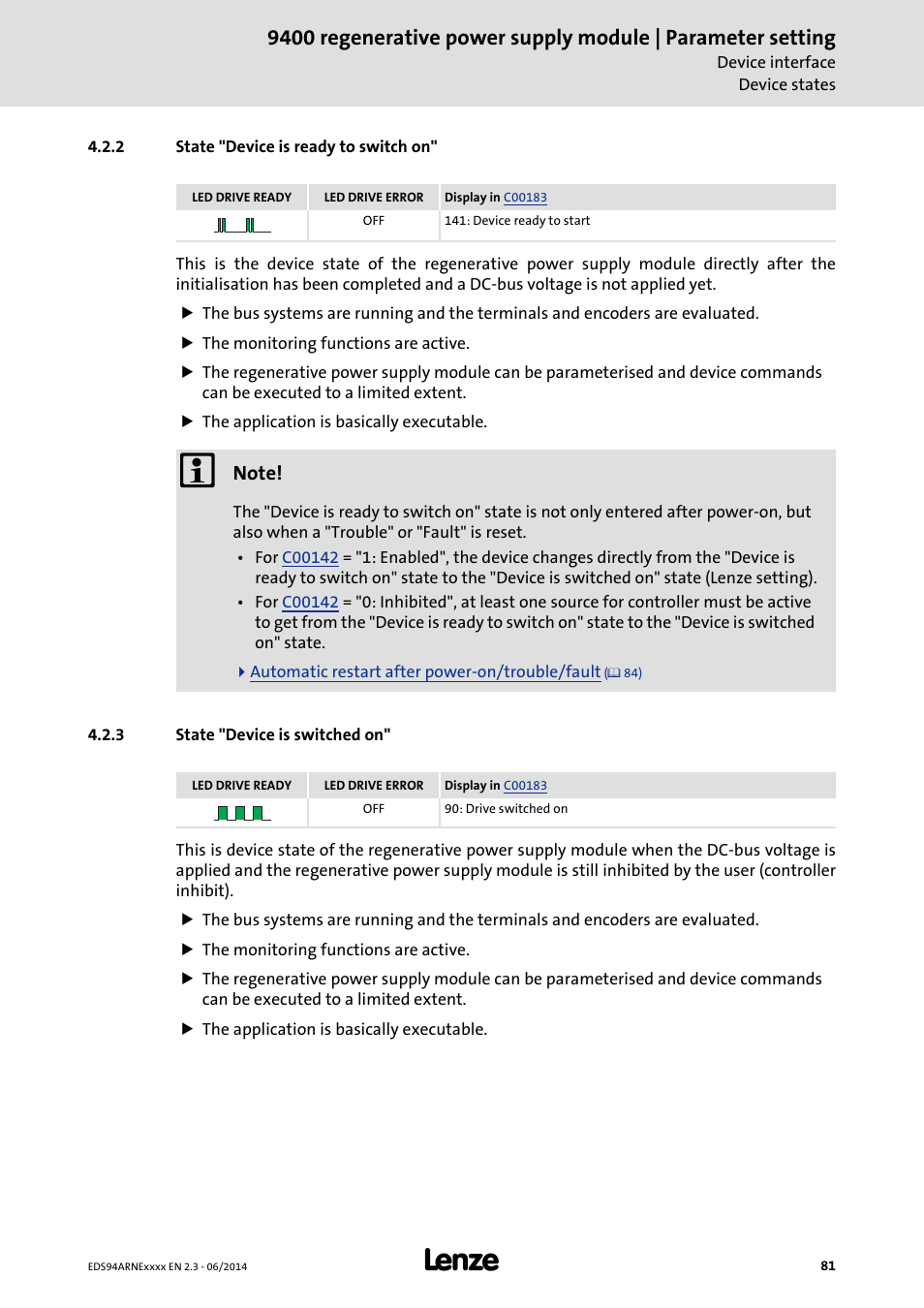 2 state "device is ready to switch on, 3 state "device is switched on, State "device is ready to switch on | State "device is switched on | Lenze E94ARNE Regenerative power supply User Manual | Page 81 / 360