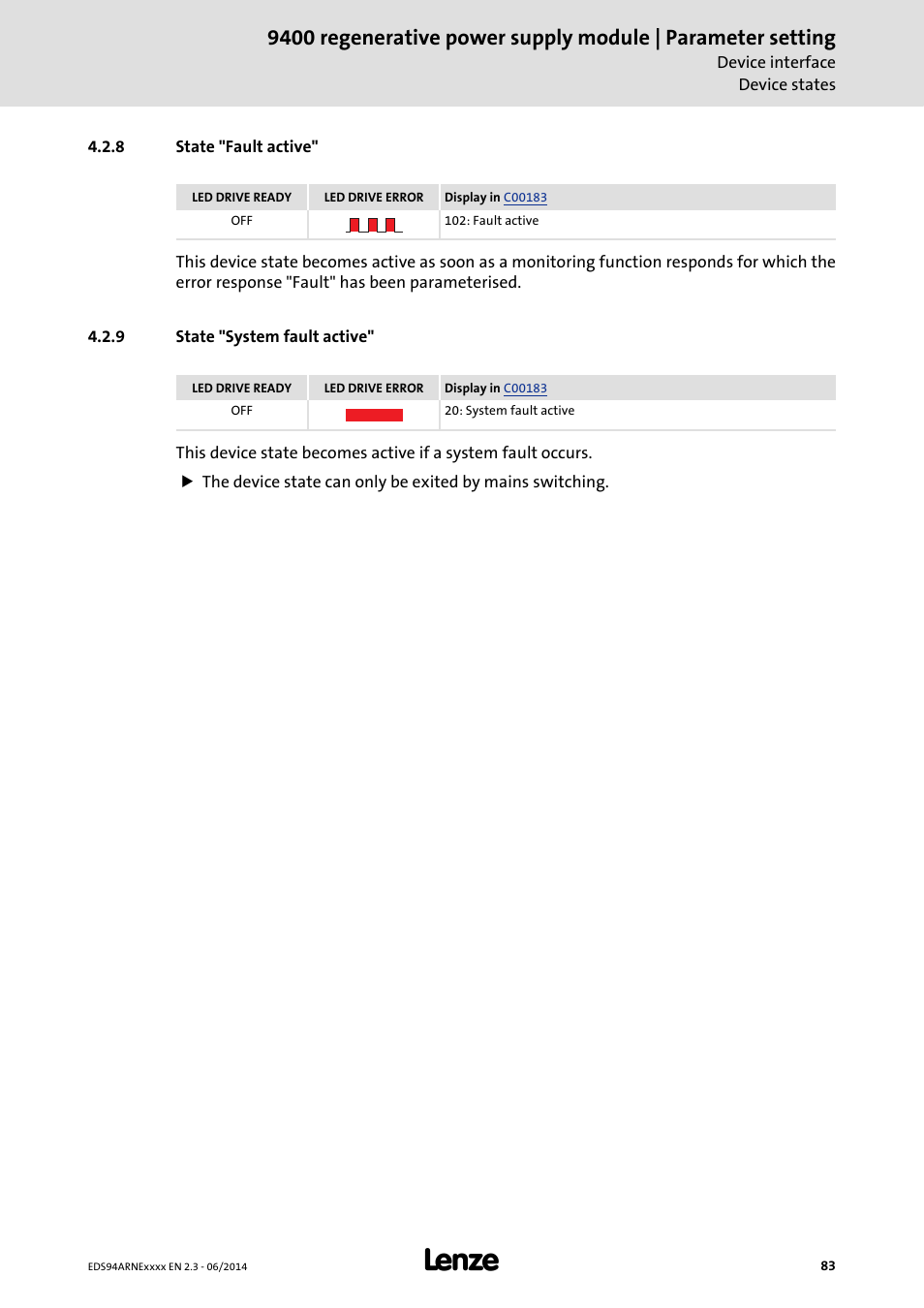 8 state "fault active, 9 state "system fault active, State "fault active | State "system fault active | Lenze E94ARNE Regenerative power supply User Manual | Page 83 / 360