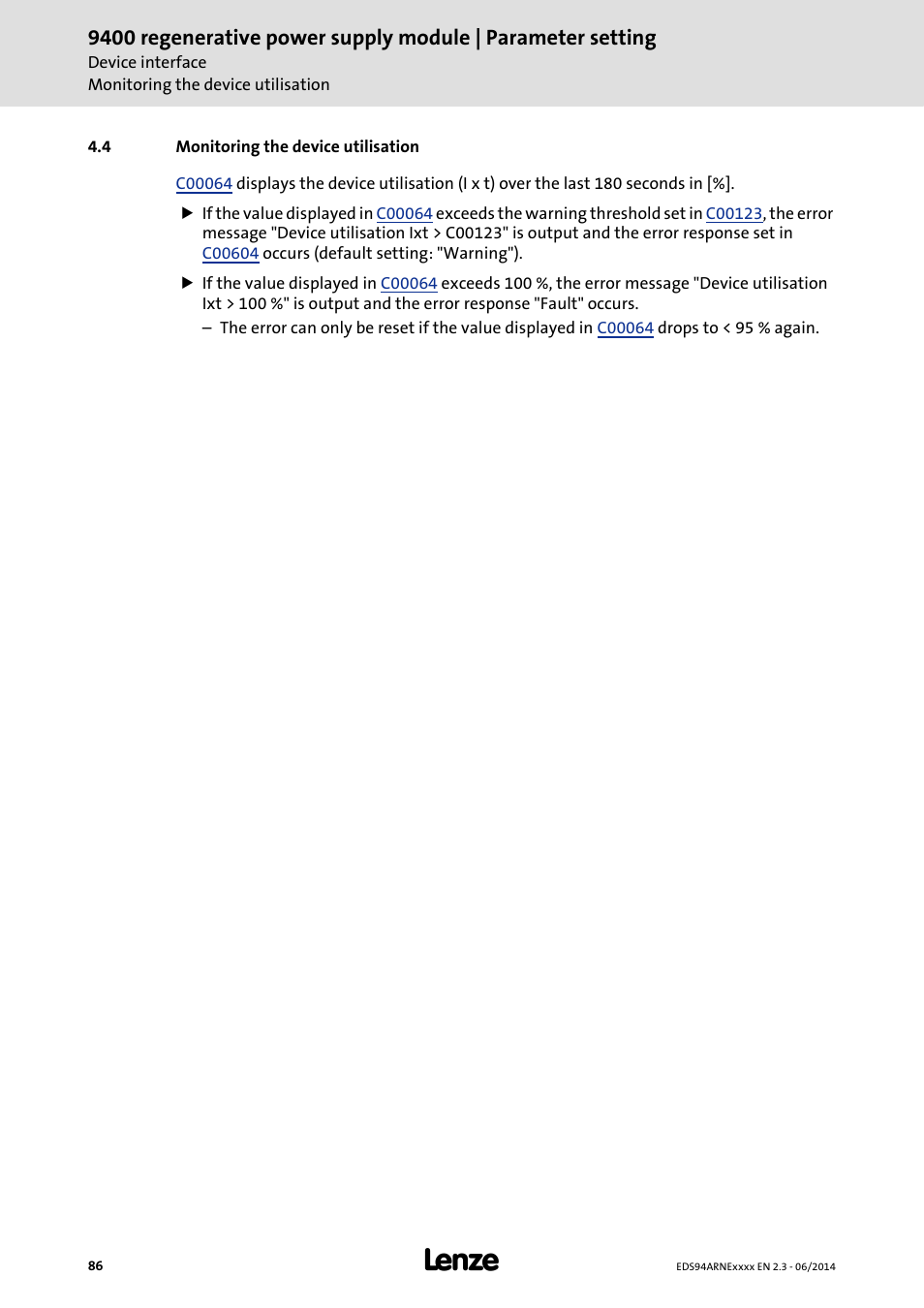 4 monitoring the device utilisation, Monitoring the device utilisation | Lenze E94ARNE Regenerative power supply User Manual | Page 86 / 360