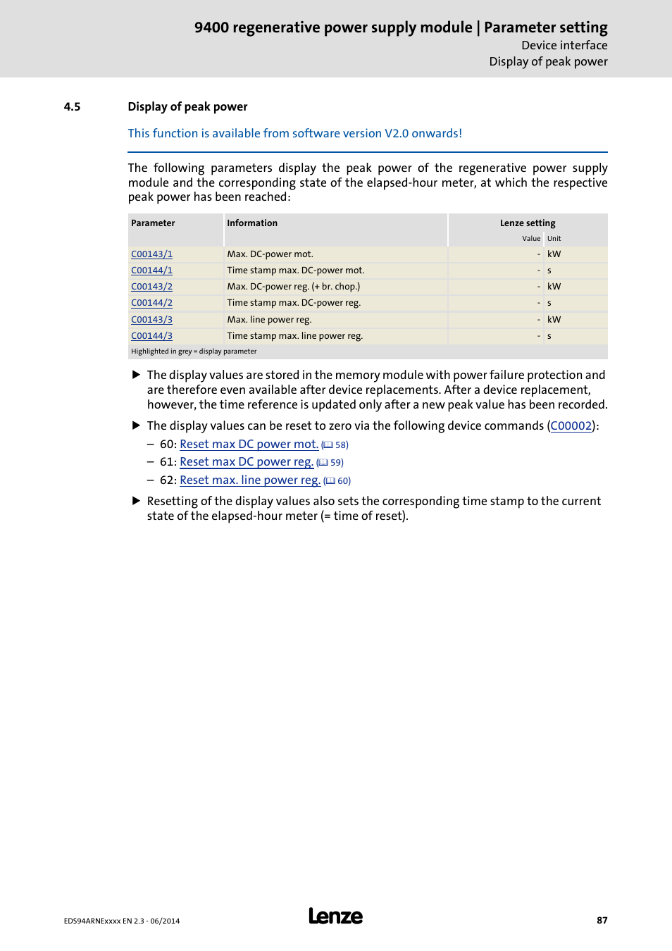 5 display of peak power, Display of peak power, Reset) | Lenze E94ARNE Regenerative power supply User Manual | Page 87 / 360