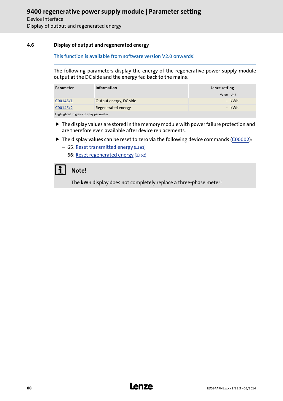 6 display of output and regenerated energy, Display of output and regenerated energy | Lenze E94ARNE Regenerative power supply User Manual | Page 88 / 360