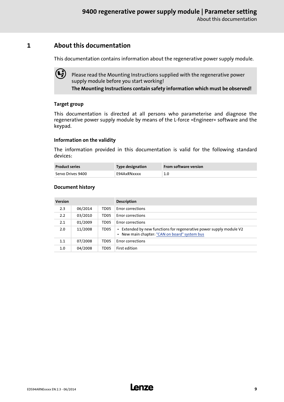 1 about this documentation, About this documentation, 1about this documentation | Lenze E94ARNE Regenerative power supply User Manual | Page 9 / 360