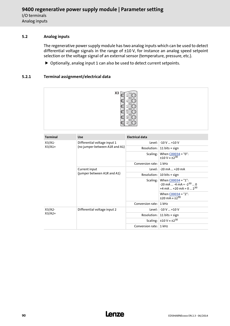 2 analog inputs, 1 terminal assignment/electrical data, Analog inputs | Terminal assignment/electrical data, Analog inputs ( 90) | Lenze E94ARNE Regenerative power supply User Manual | Page 90 / 360