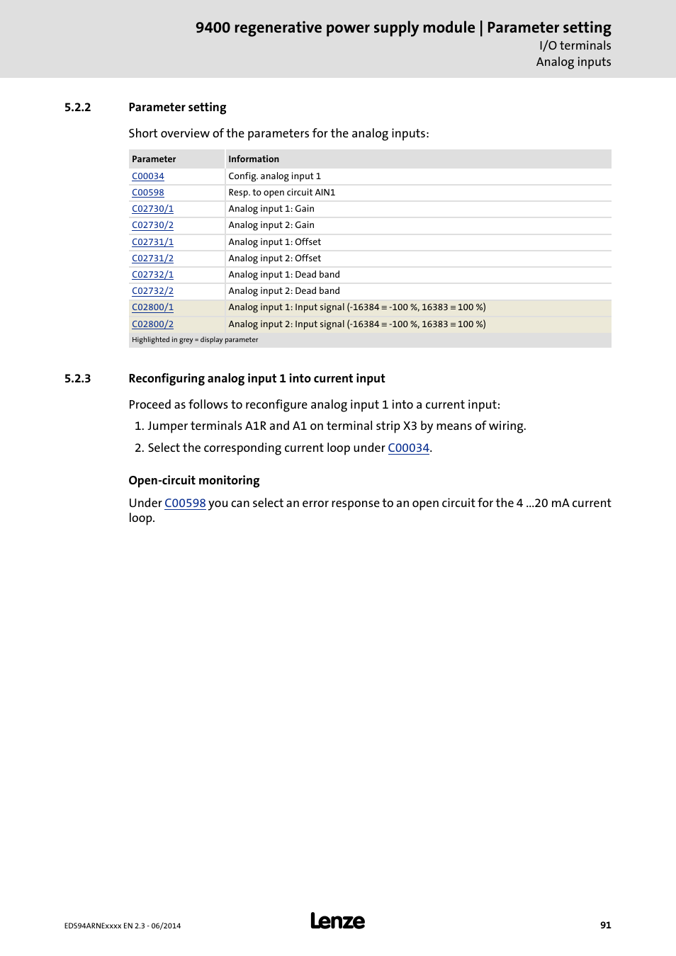 2 parameter setting, 3 reconfiguring analog input 1 into current input, Parameter setting | Reconfiguring analog input 1 into current input | Lenze E94ARNE Regenerative power supply User Manual | Page 91 / 360