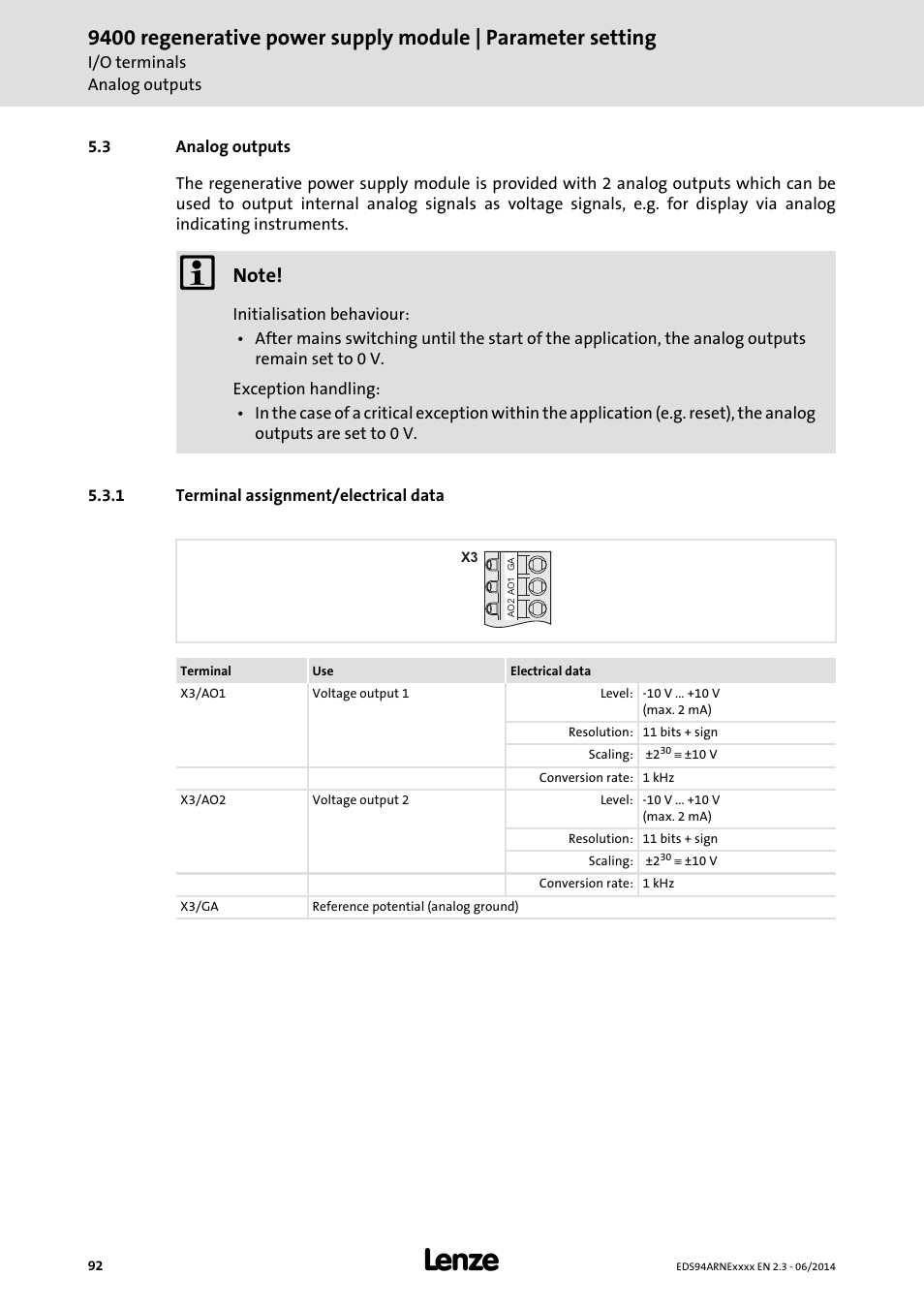 3 analog outputs, 1 terminal assignment/electrical data, Analog outputs | Terminal assignment/electrical data, Analog outputs ( 92) | Lenze E94ARNE Regenerative power supply User Manual | Page 92 / 360