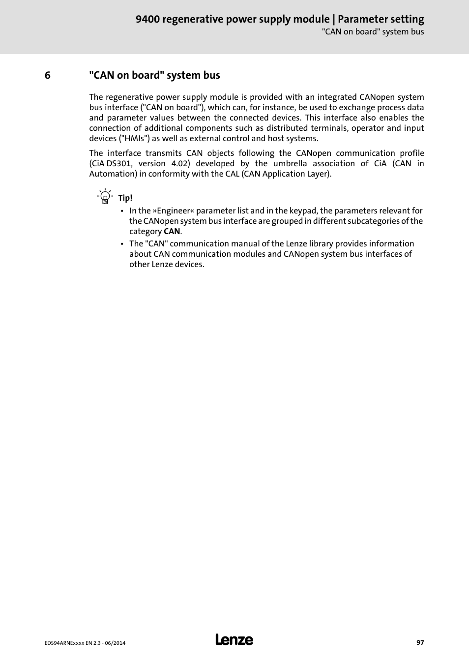 6 "can on board" system bus, Can on board" system bus | Lenze E94ARNE Regenerative power supply User Manual | Page 97 / 360