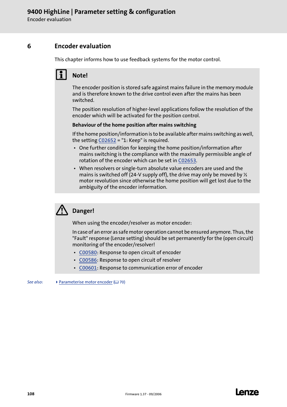 6 encoder evaluation, Encoder evaluation, Rol can be found in chapter | C 108), Data for, The following main chapter | Lenze E94AxHE Servo Drives 9400 HighLine (Firmware 01-37) User Manual | Page 108 / 679