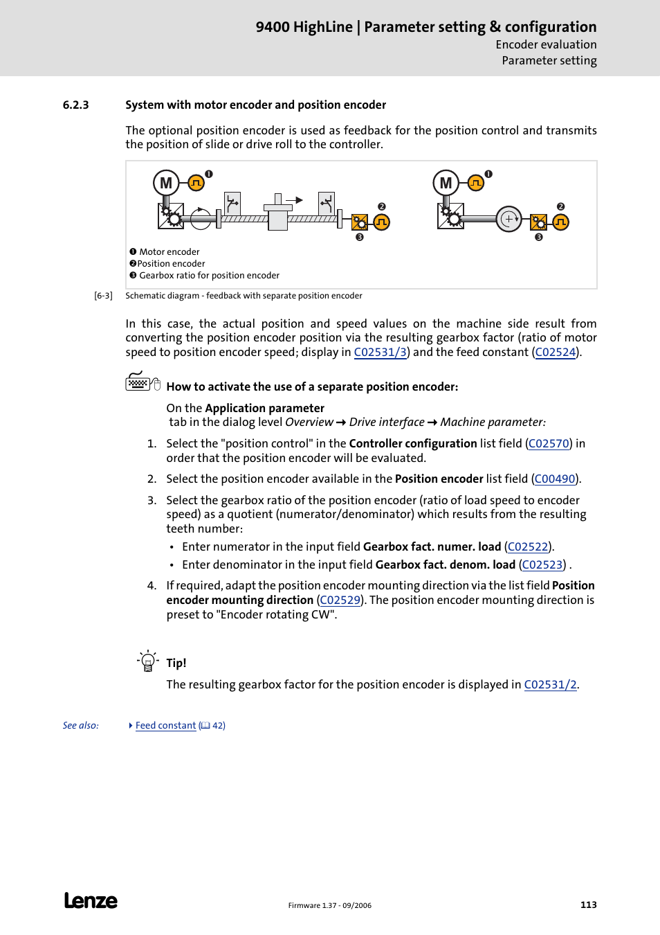 3 system with motor encoder and position encoder, 9400 highline | parameter setting & configuration | Lenze E94AxHE Servo Drives 9400 HighLine (Firmware 01-37) User Manual | Page 113 / 679