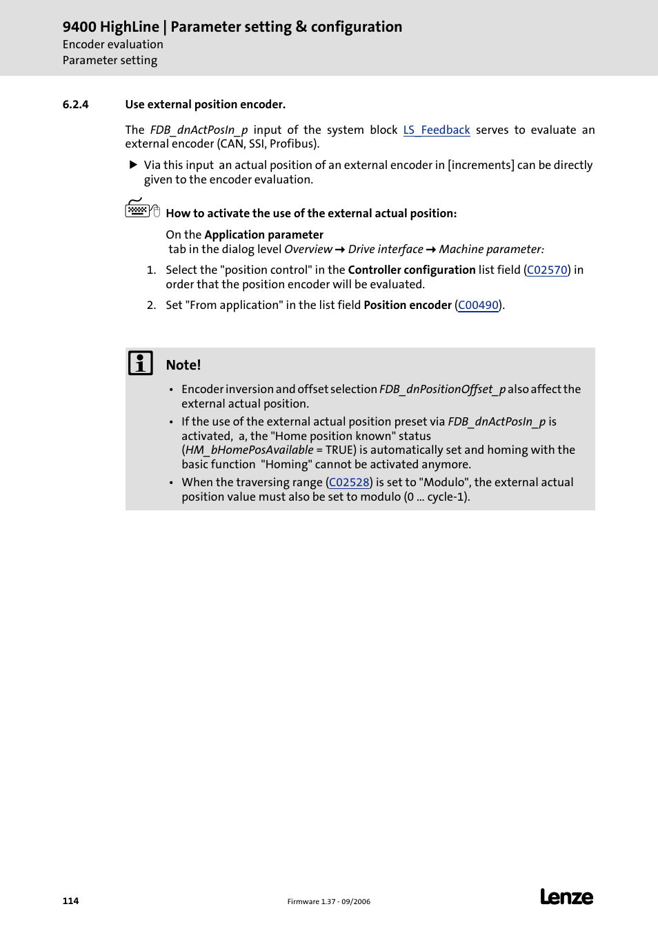 4 use external position encoder | Lenze E94AxHE Servo Drives 9400 HighLine (Firmware 01-37) User Manual | Page 114 / 679
