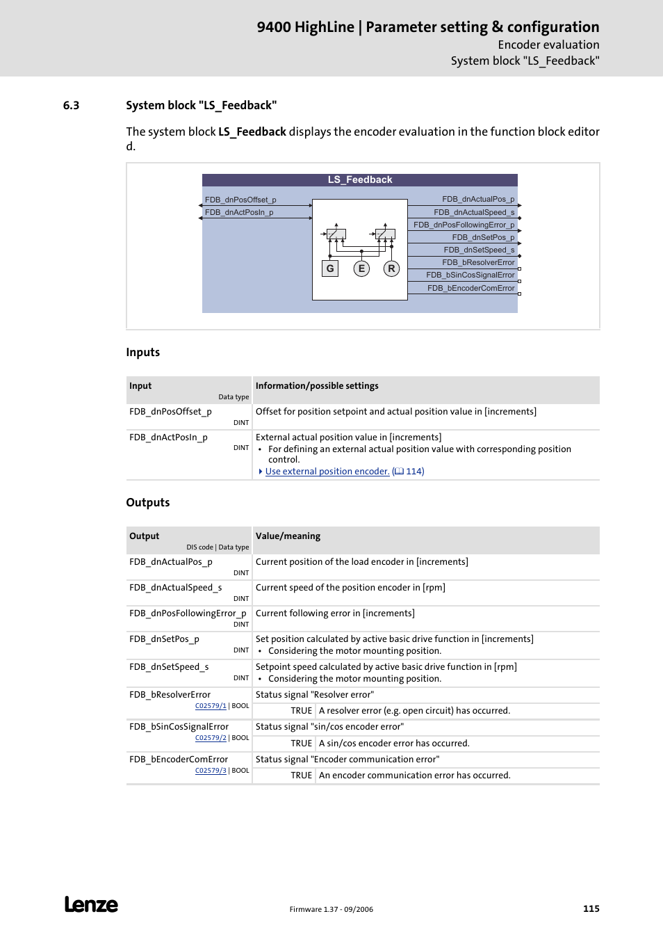 3 system block "ls_feedback, Ls_feedback, 9400 highline | parameter setting & configuration | Encoder evaluation system block "ls_feedback | Lenze E94AxHE Servo Drives 9400 HighLine (Firmware 01-37) User Manual | Page 115 / 679