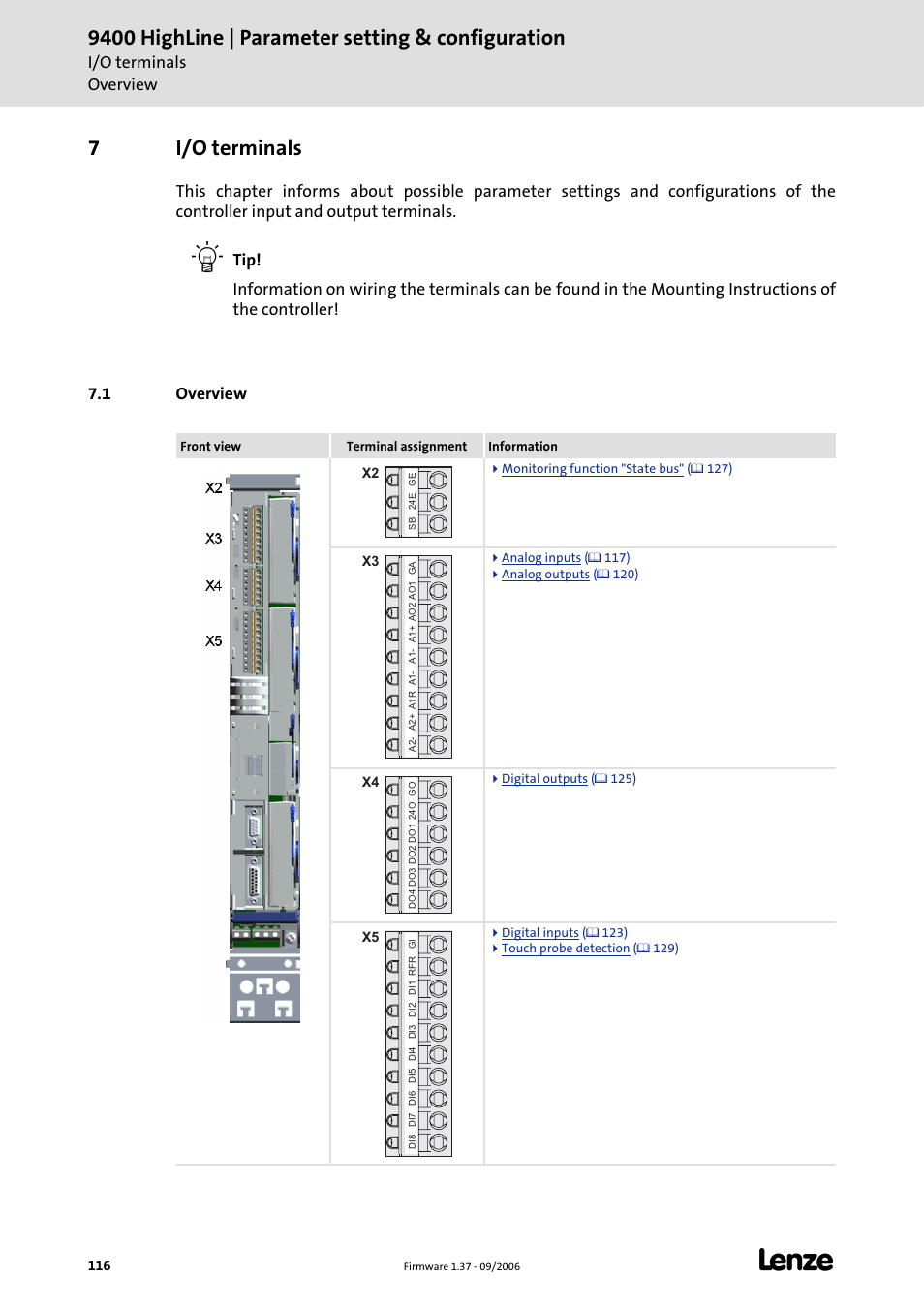 7 i/o terminals, 1 overview, I/o terminals 7.1 overview | I/o terminals, 9400 highline | parameter setting & configuration, 7i/o terminals, I/o terminals overview | Lenze E94AxHE Servo Drives 9400 HighLine (Firmware 01-37) User Manual | Page 116 / 679