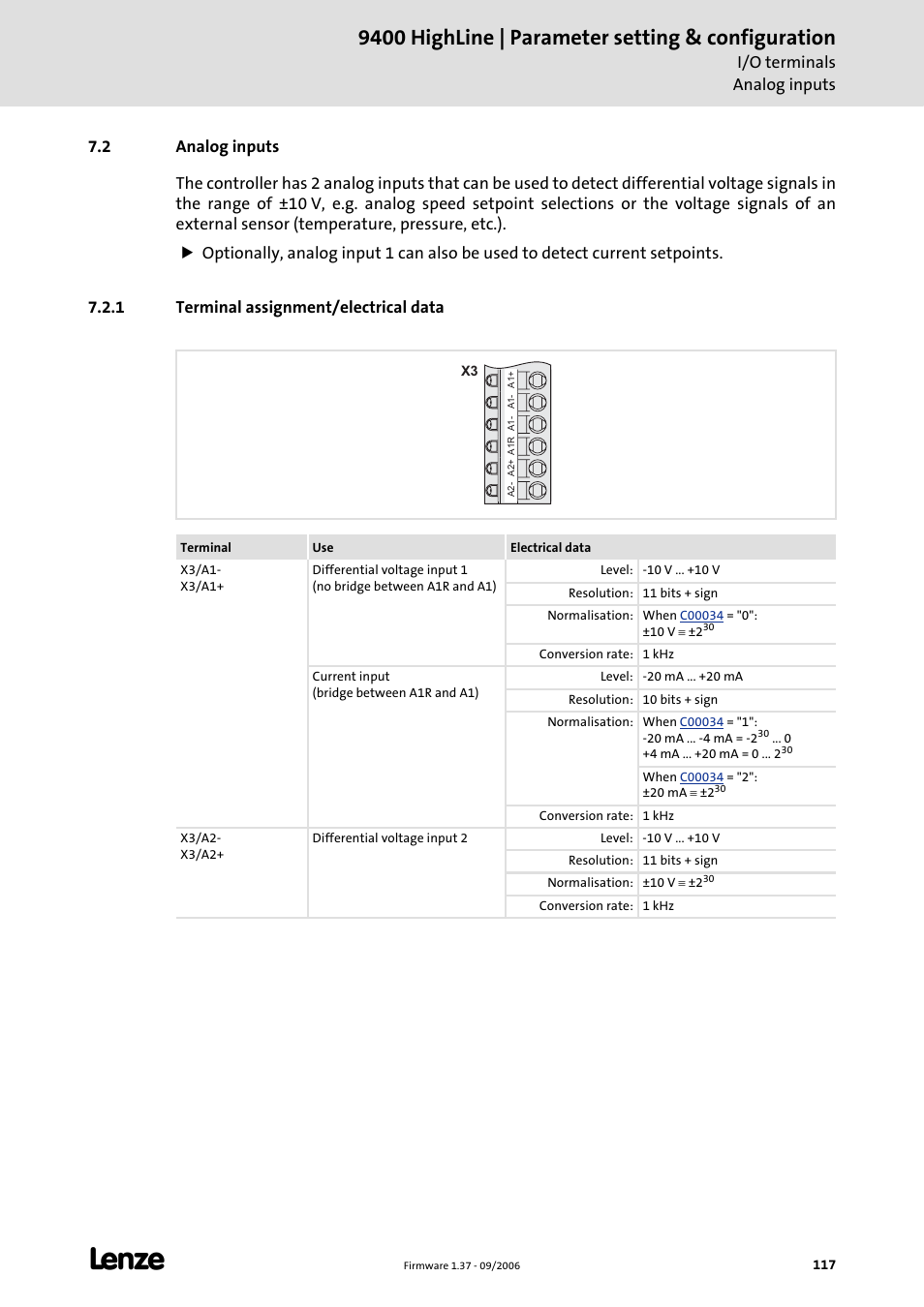 2 analog inputs, 1 terminal assignment/electrical data, Analog inputs (c 117) | 9400 highline | parameter setting & configuration | Lenze E94AxHE Servo Drives 9400 HighLine (Firmware 01-37) User Manual | Page 117 / 679