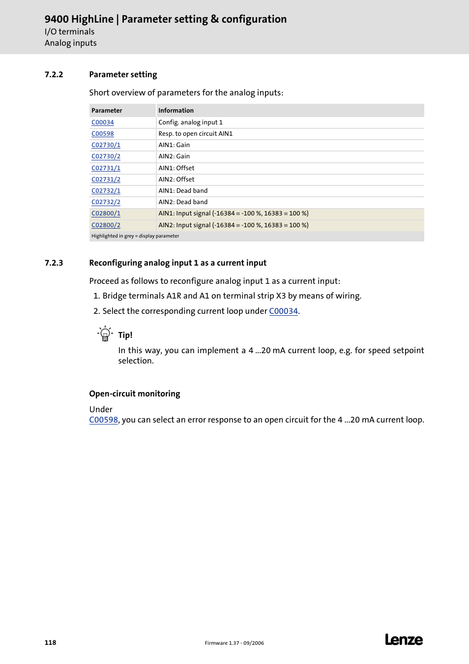 2 parameter setting, 3 reconfiguring analog input 1 as a current input, 9400 highline | parameter setting & configuration | Lenze E94AxHE Servo Drives 9400 HighLine (Firmware 01-37) User Manual | Page 118 / 679