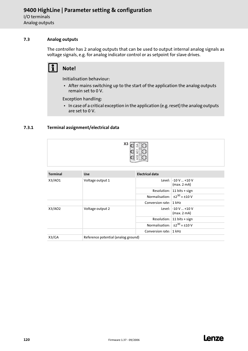 3 analog outputs, 1 terminal assignment/electrical data, Analog outputs (c 120) | 9400 highline | parameter setting & configuration | Lenze E94AxHE Servo Drives 9400 HighLine (Firmware 01-37) User Manual | Page 120 / 679