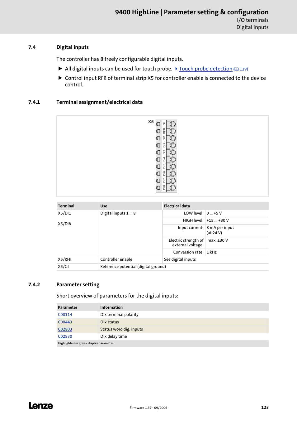 4 digital inputs, 1 terminal assignment/electrical data, 2 parameter setting | Digital inputs (c 123), 9400 highline | parameter setting & configuration | Lenze E94AxHE Servo Drives 9400 HighLine (Firmware 01-37) User Manual | Page 123 / 679