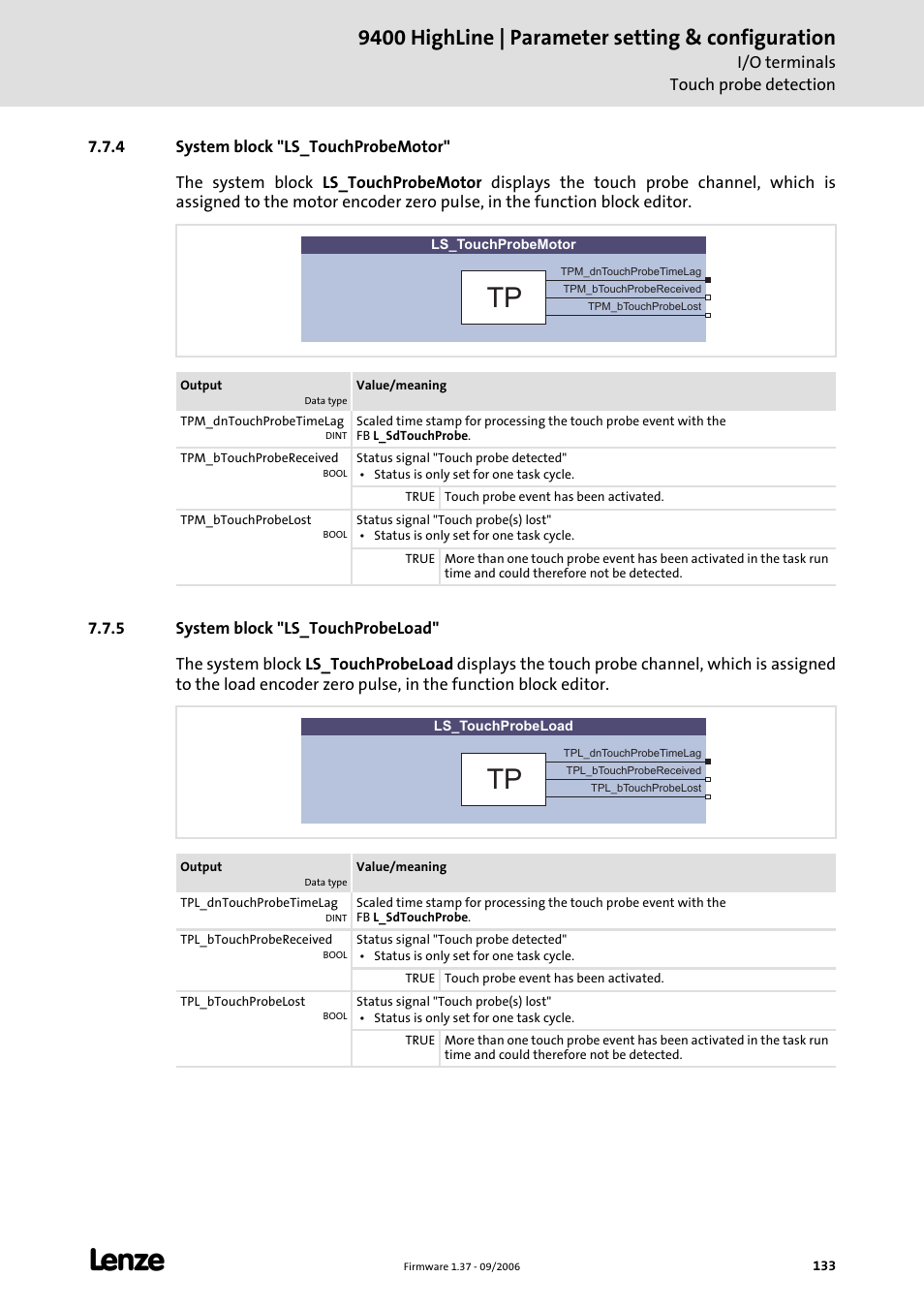 4 system block "ls_touchprobemotor, 5 system block "ls_touchprobeload, Ls_touchprobemotor | C 133), Ls_touchprobeload, 9400 highline | parameter setting & configuration | Lenze E94AxHE Servo Drives 9400 HighLine (Firmware 01-37) User Manual | Page 133 / 679