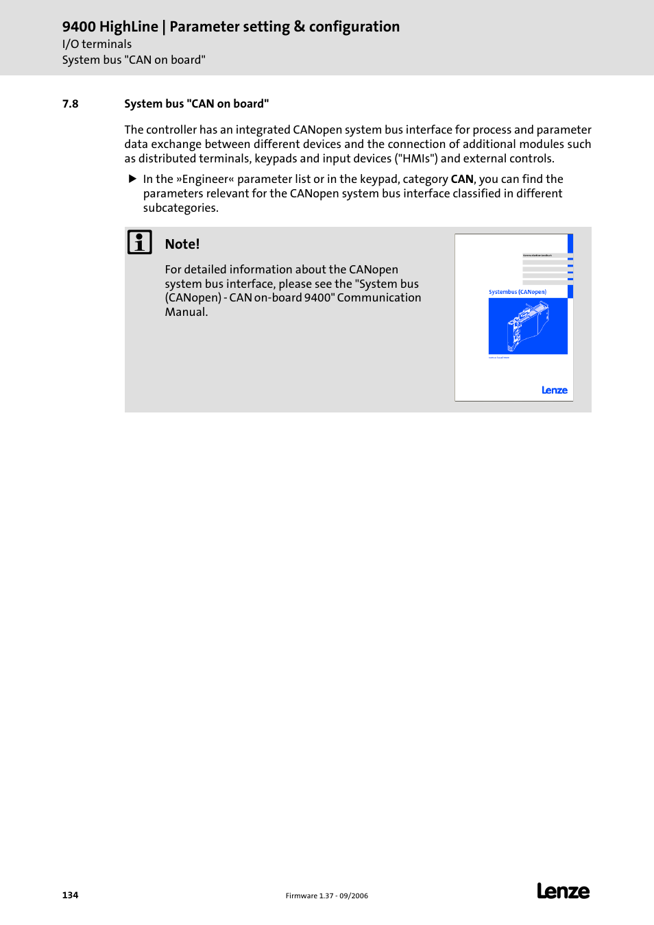 8 system bus "can on board | Lenze E94AxHE Servo Drives 9400 HighLine (Firmware 01-37) User Manual | Page 134 / 679