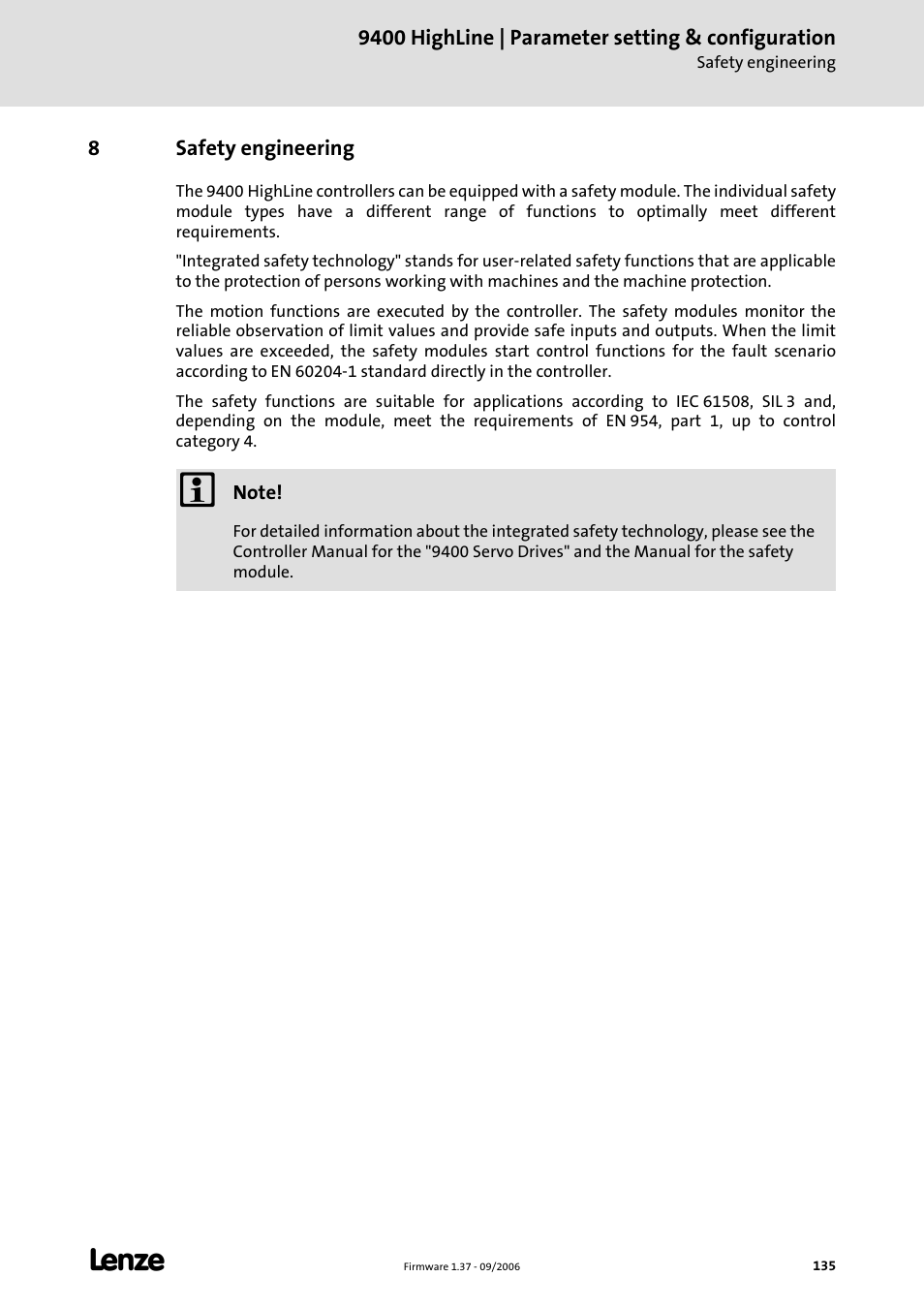 8 safety engineering, Safety engineering | Lenze E94AxHE Servo Drives 9400 HighLine (Firmware 01-37) User Manual | Page 135 / 679