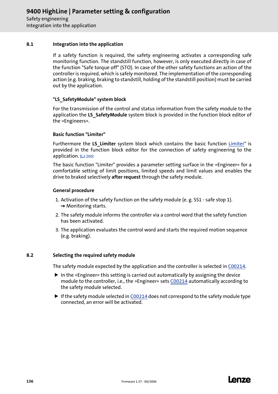 1 integration into the application, 2 selecting the required safety module, 9400 highline | parameter setting & configuration | Lenze E94AxHE Servo Drives 9400 HighLine (Firmware 01-37) User Manual | Page 136 / 679