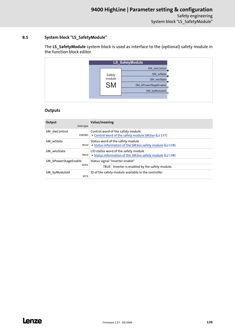 5 system block "ls_safetymodule, 9400 highline | parameter setting & configuration | Lenze E94AxHE Servo Drives 9400 HighLine (Firmware 01-37) User Manual | Page 139 / 679