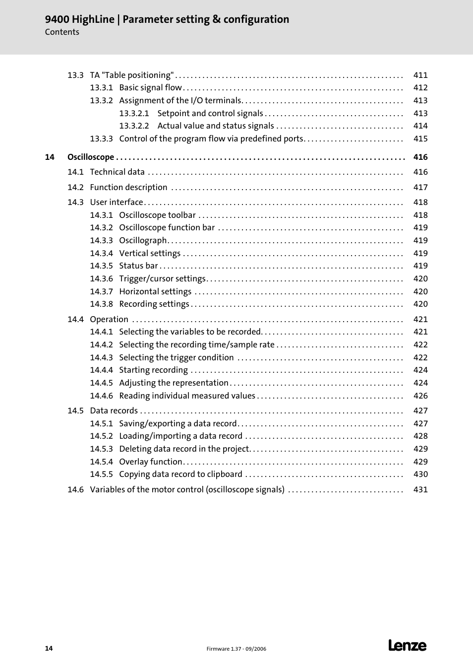 Lenze E94AxHE Servo Drives 9400 HighLine (Firmware 01-37) User Manual | Page 14 / 679