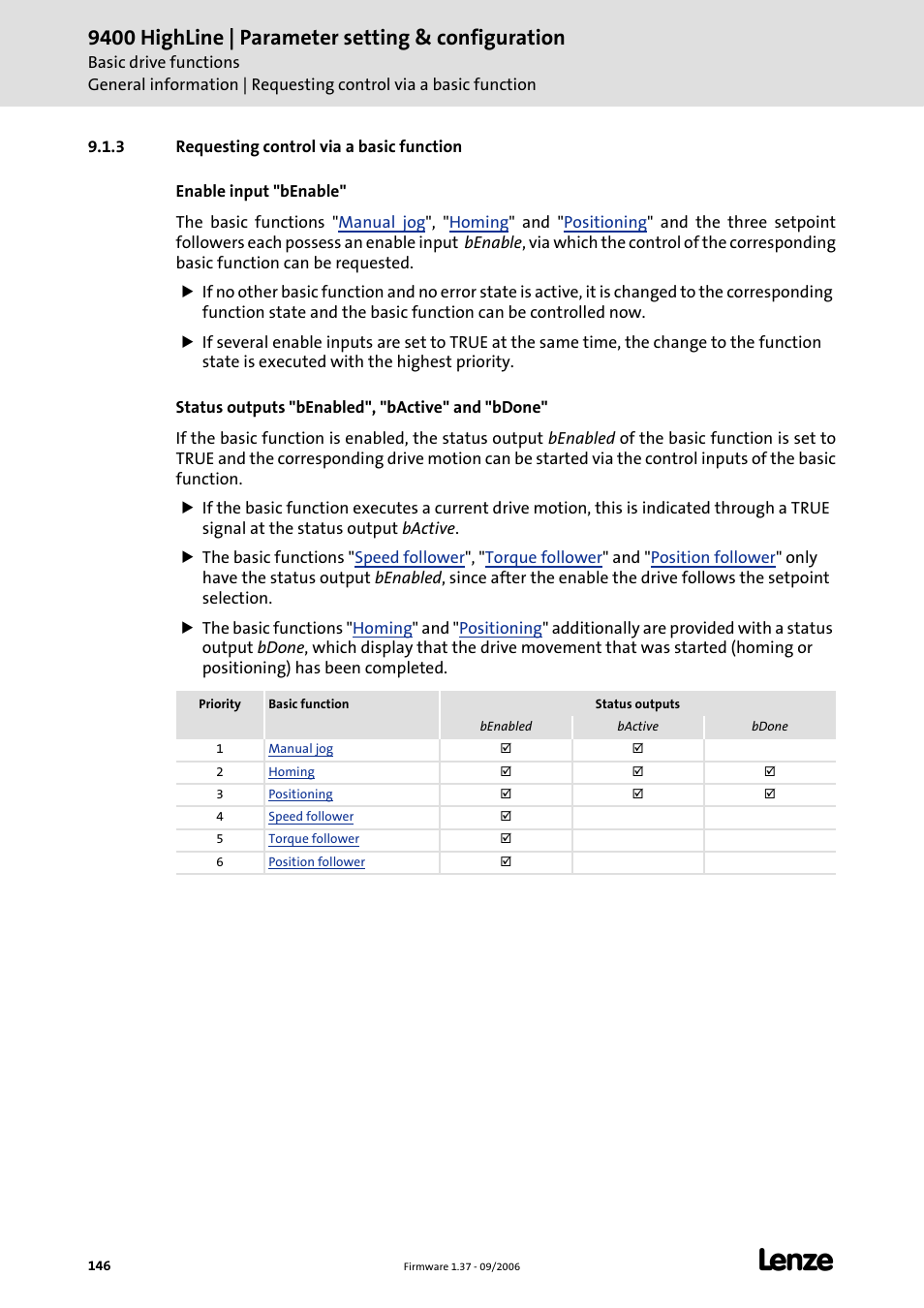 3 requesting control via a basic function, Requesting control via a basic function, 9400 highline | parameter setting & configuration | Lenze E94AxHE Servo Drives 9400 HighLine (Firmware 01-37) User Manual | Page 146 / 679
