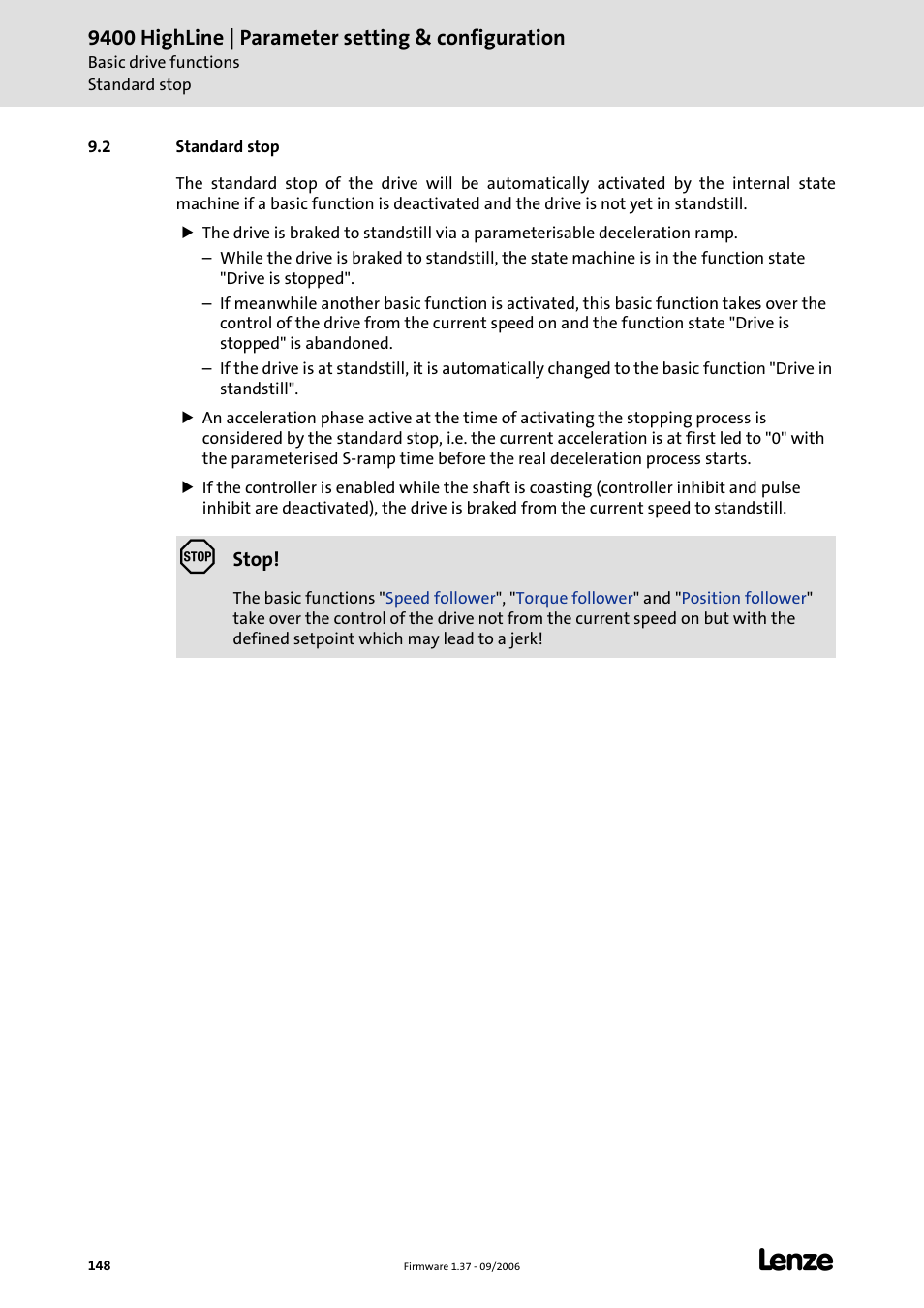 2 standard stop, Standard stop, C 148) | Standard stop (c 148), 9400 highline | parameter setting & configuration | Lenze E94AxHE Servo Drives 9400 HighLine (Firmware 01-37) User Manual | Page 148 / 679