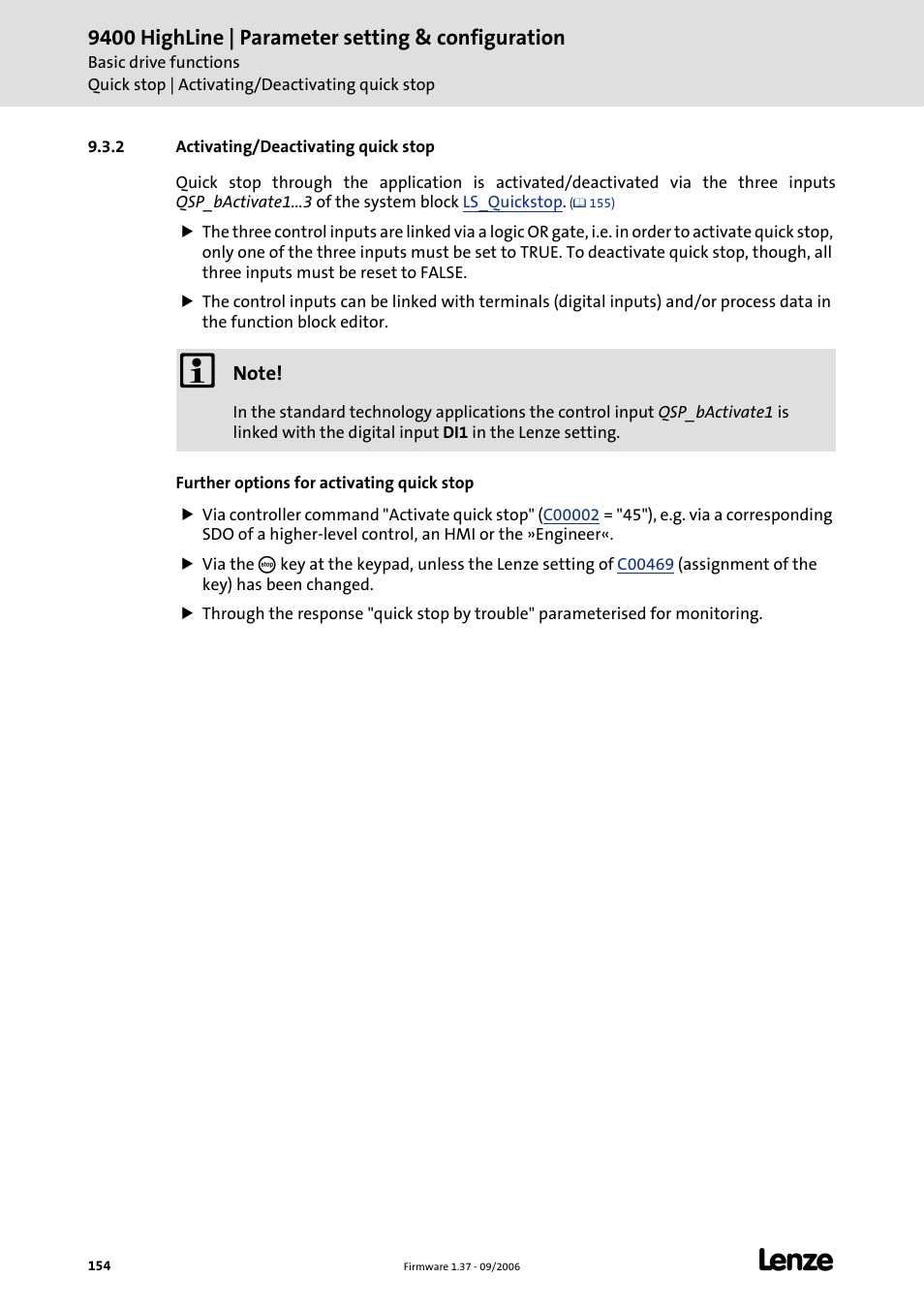 2 activating/deactivating quick stop, 9400 highline | parameter setting & configuration | Lenze E94AxHE Servo Drives 9400 HighLine (Firmware 01-37) User Manual | Page 154 / 679