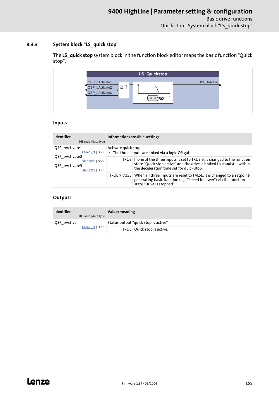 3 system block "ls_quick stop, Block, Ls_quickstop | C 155), 9400 highline | parameter setting & configuration | Lenze E94AxHE Servo Drives 9400 HighLine (Firmware 01-37) User Manual | Page 155 / 679