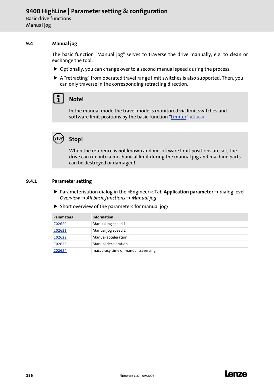 4 manual jog, 1 parameter setting, Manual jog | C 156), Mode"), Manual jog (c 156), 9400 highline | parameter setting & configuration | Lenze E94AxHE Servo Drives 9400 HighLine (Firmware 01-37) User Manual | Page 156 / 679