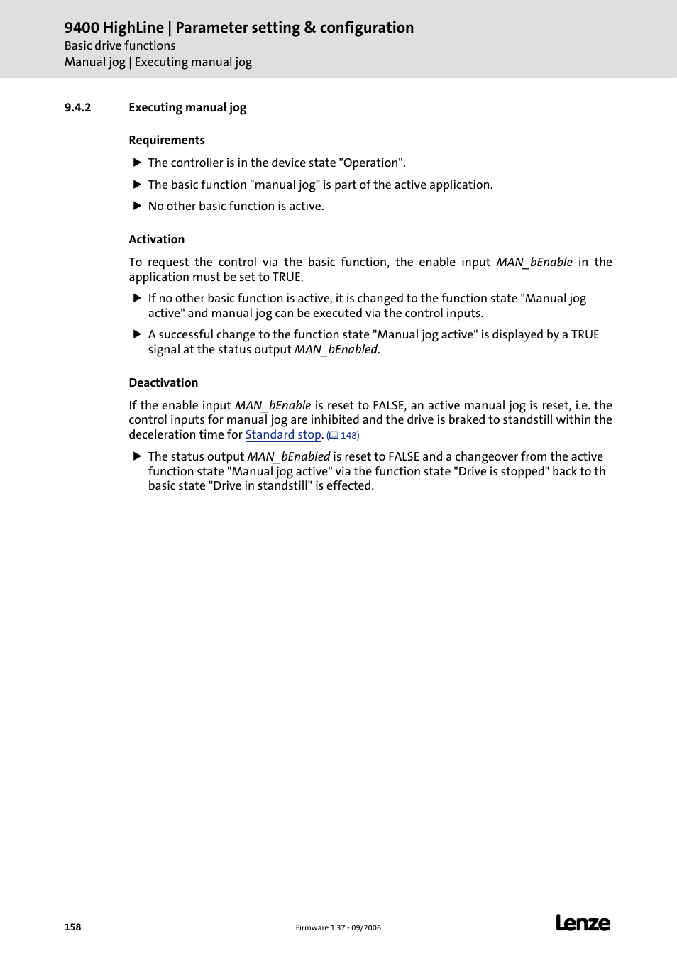 2 executing manual jog, 9400 highline | parameter setting & configuration | Lenze E94AxHE Servo Drives 9400 HighLine (Firmware 01-37) User Manual | Page 158 / 679