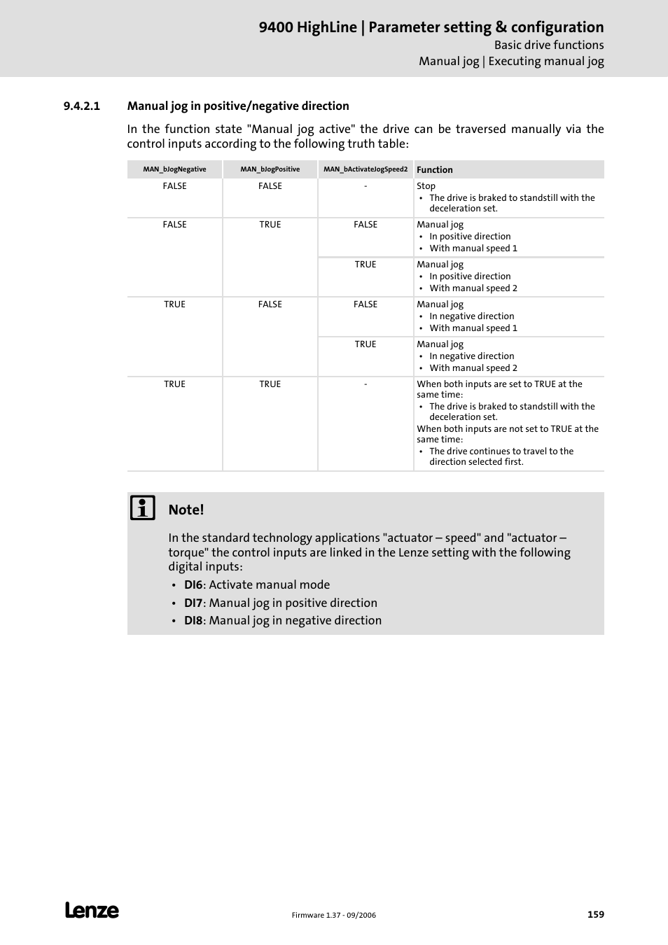 1 manual jog in positive/negative direction, Manual jog in positive/negative direction, 9400 highline | parameter setting & configuration | Lenze E94AxHE Servo Drives 9400 HighLine (Firmware 01-37) User Manual | Page 159 / 679