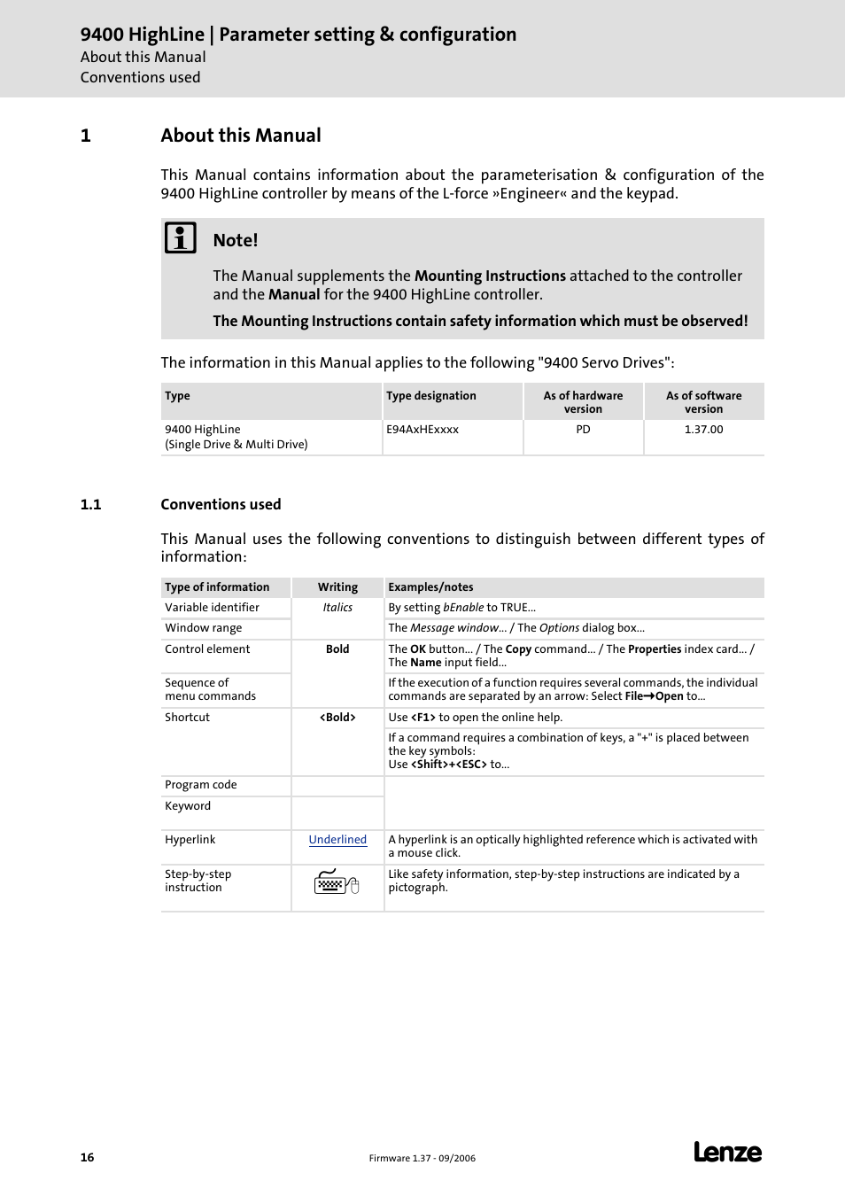 1 about this manual, 1 conventions used, About this manual | 9400 highline | parameter setting & configuration, 1about this manual | Lenze E94AxHE Servo Drives 9400 HighLine (Firmware 01-37) User Manual | Page 16 / 679