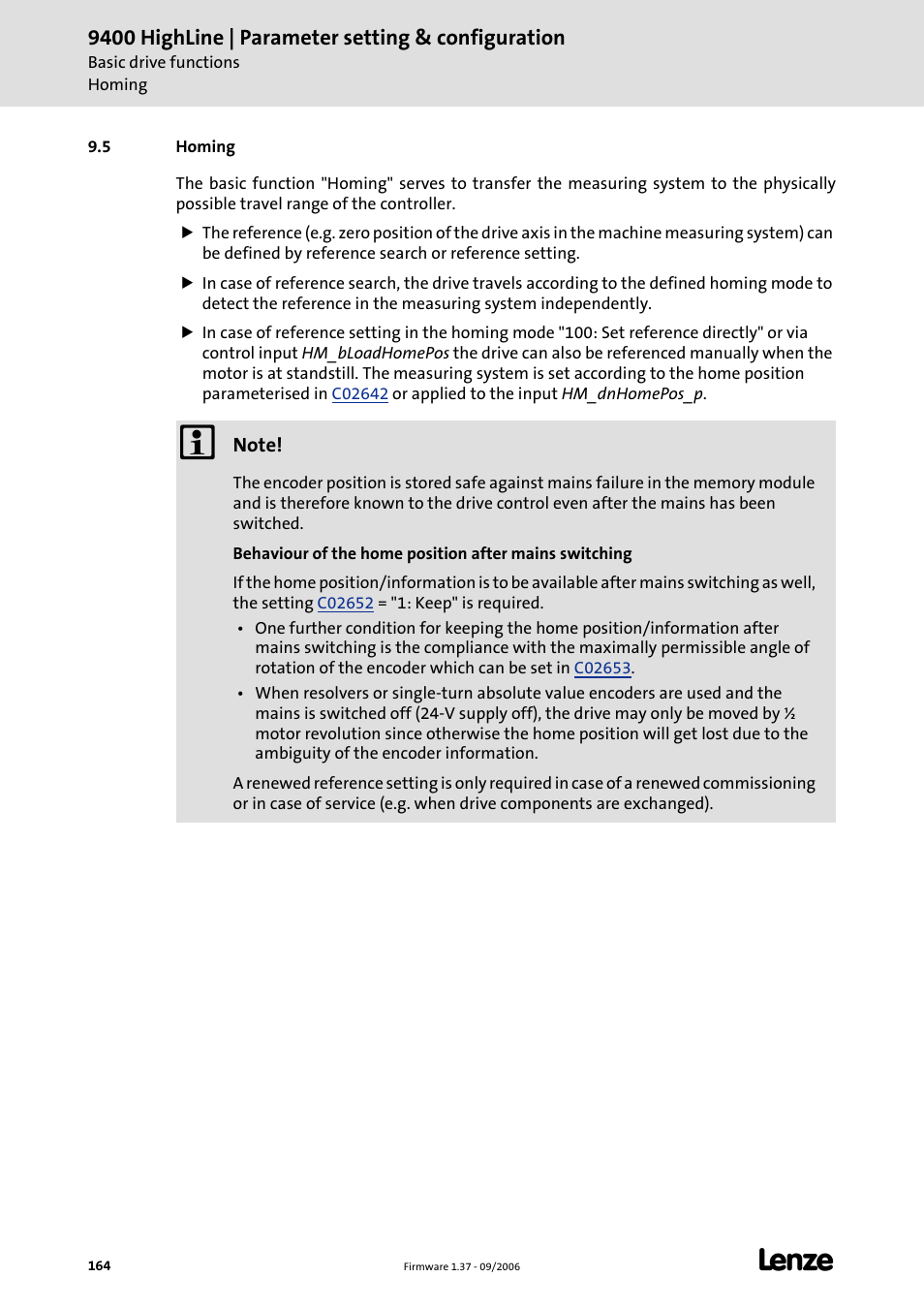 5 homing, Homing, Can be determined | C 164), Homing (c 164), 9400 highline | parameter setting & configuration | Lenze E94AxHE Servo Drives 9400 HighLine (Firmware 01-37) User Manual | Page 164 / 679