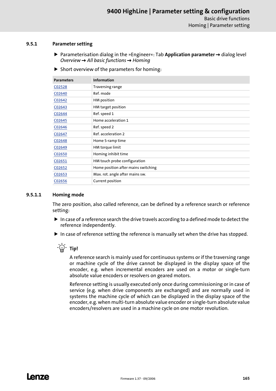 1 parameter setting, 1 homing mode, Homing mode | 9400 highline | parameter setting & configuration | Lenze E94AxHE Servo Drives 9400 HighLine (Firmware 01-37) User Manual | Page 165 / 679