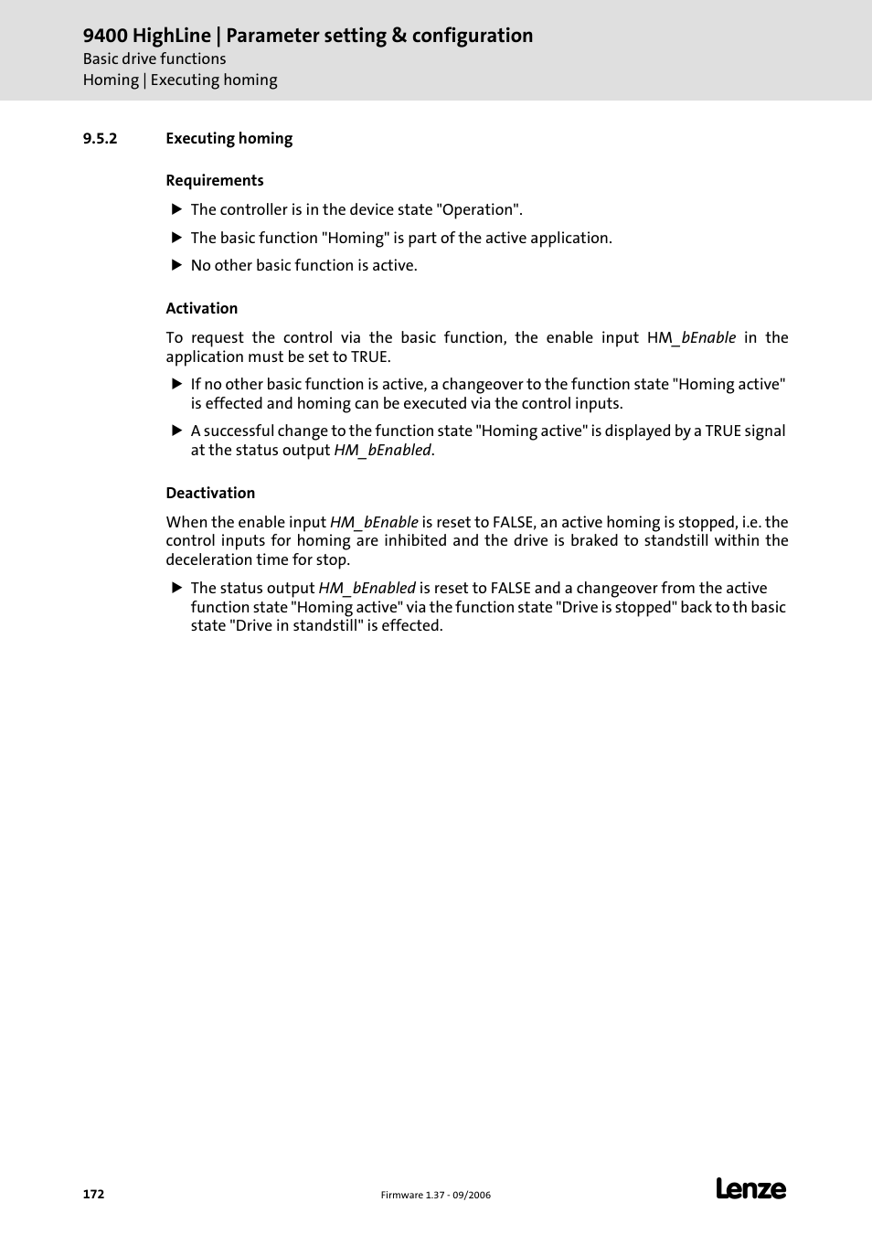 2 executing homing, 9400 highline | parameter setting & configuration | Lenze E94AxHE Servo Drives 9400 HighLine (Firmware 01-37) User Manual | Page 172 / 679