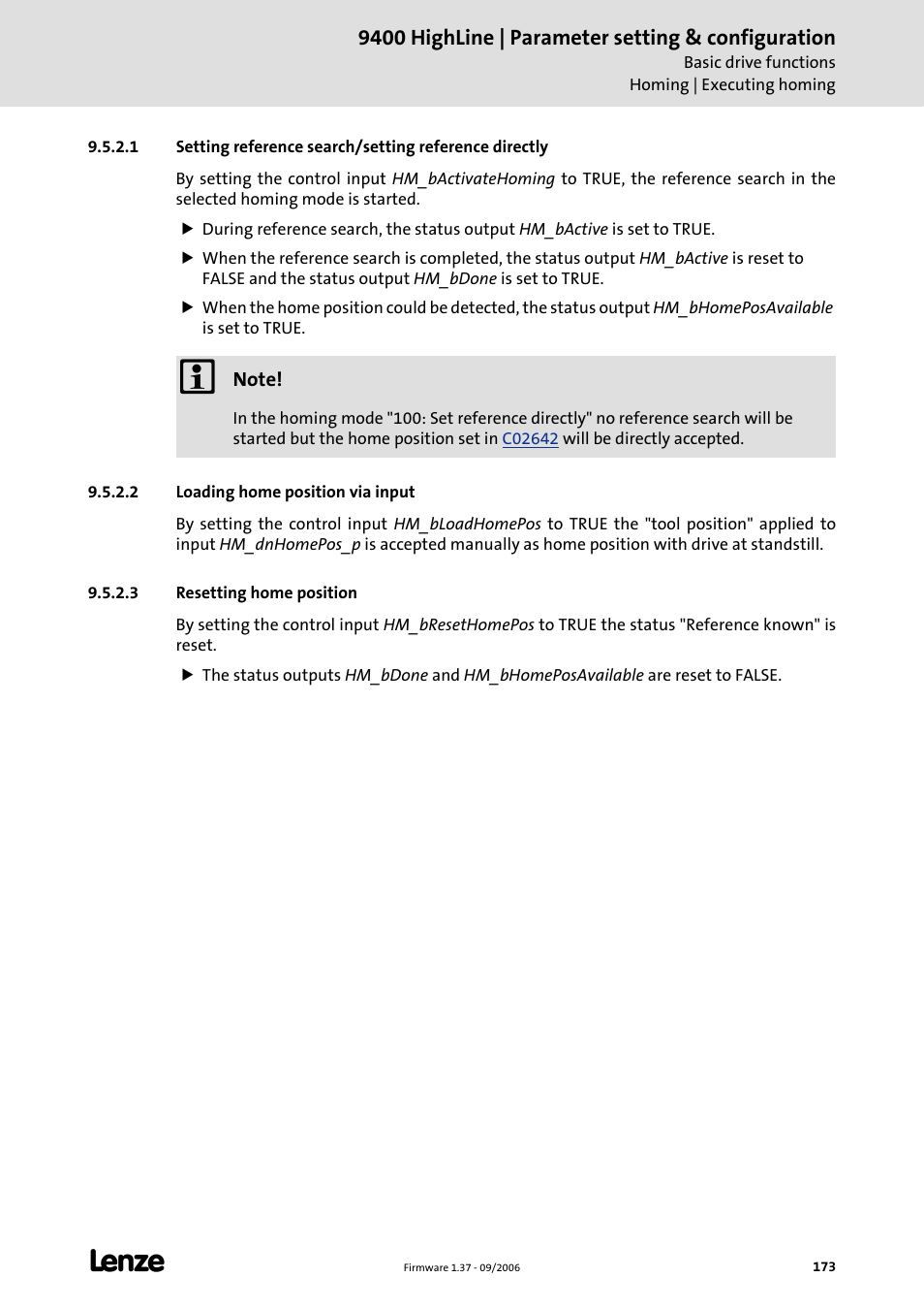 2 loading home position via input, 3 resetting home position, Loading home position via input | Resetting home position | Lenze E94AxHE Servo Drives 9400 HighLine (Firmware 01-37) User Manual | Page 173 / 679