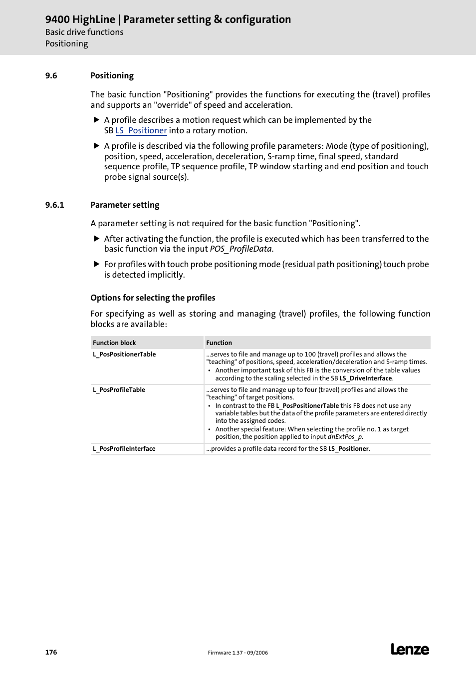 6 positioning, 1 parameter setting, Positioning | C 176), Positioning (c 176), 9400 highline | parameter setting & configuration | Lenze E94AxHE Servo Drives 9400 HighLine (Firmware 01-37) User Manual | Page 176 / 679
