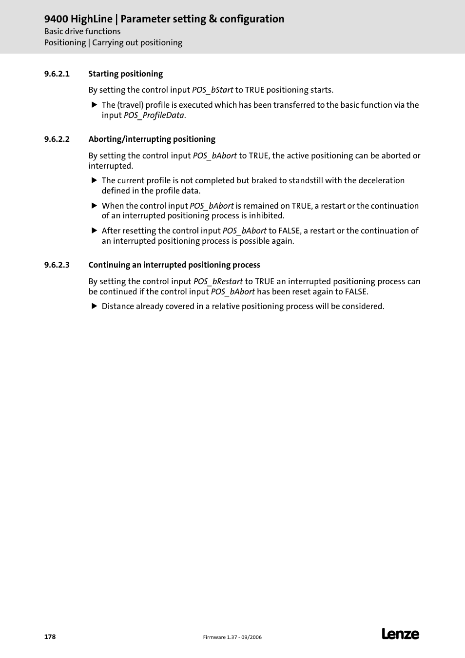 1 starting positioning, 2 aborting/interrupting positioning, 3 continuing an interrupted positioning process | Starting positioning, Aborting/interrupting positioning, Continuing an interrupted positioning process, 9400 highline | parameter setting & configuration | Lenze E94AxHE Servo Drives 9400 HighLine (Firmware 01-37) User Manual | Page 178 / 679