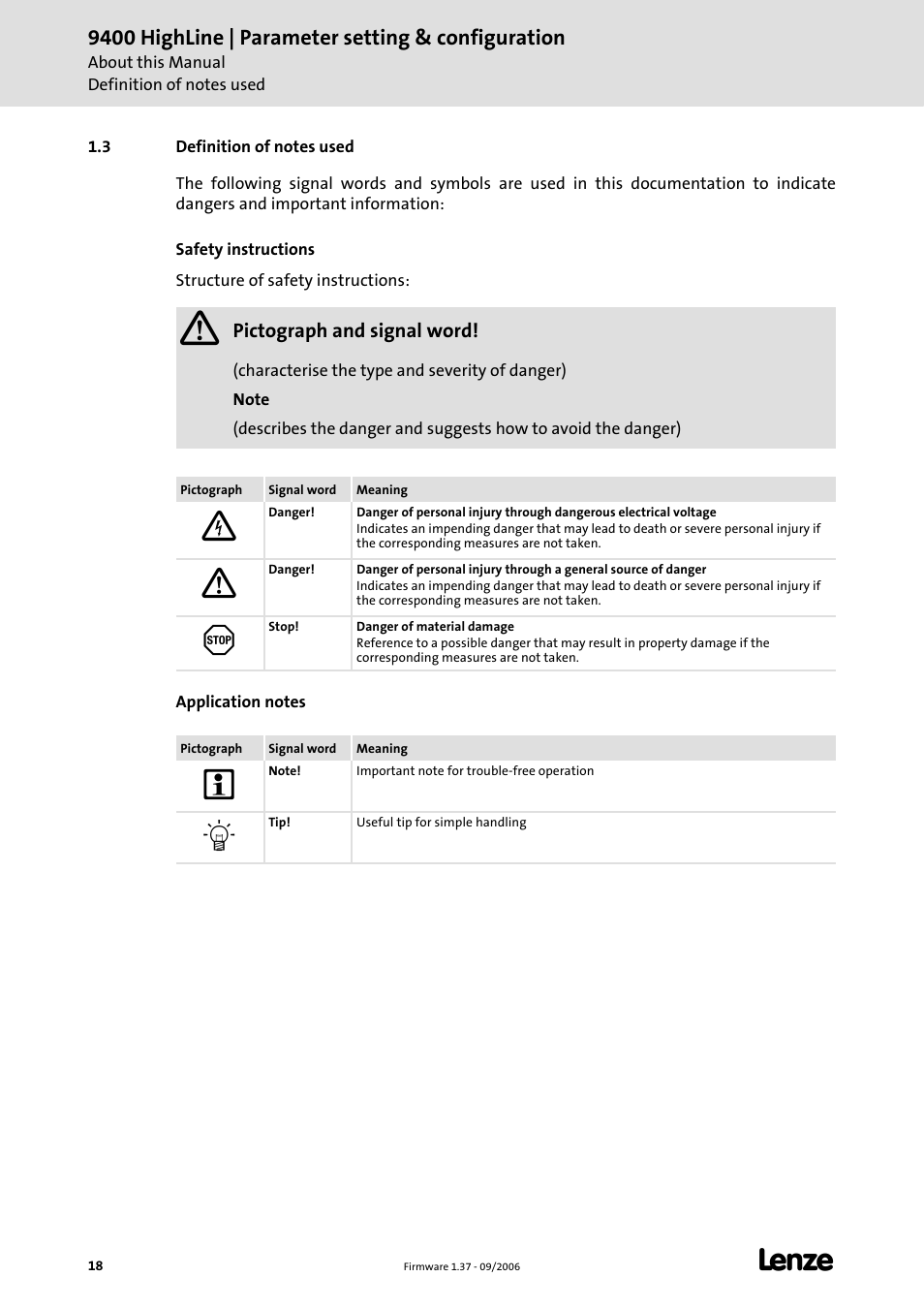 3 definition of notes used, 9400 highline | parameter setting & configuration | Lenze E94AxHE Servo Drives 9400 HighLine (Firmware 01-37) User Manual | Page 18 / 679