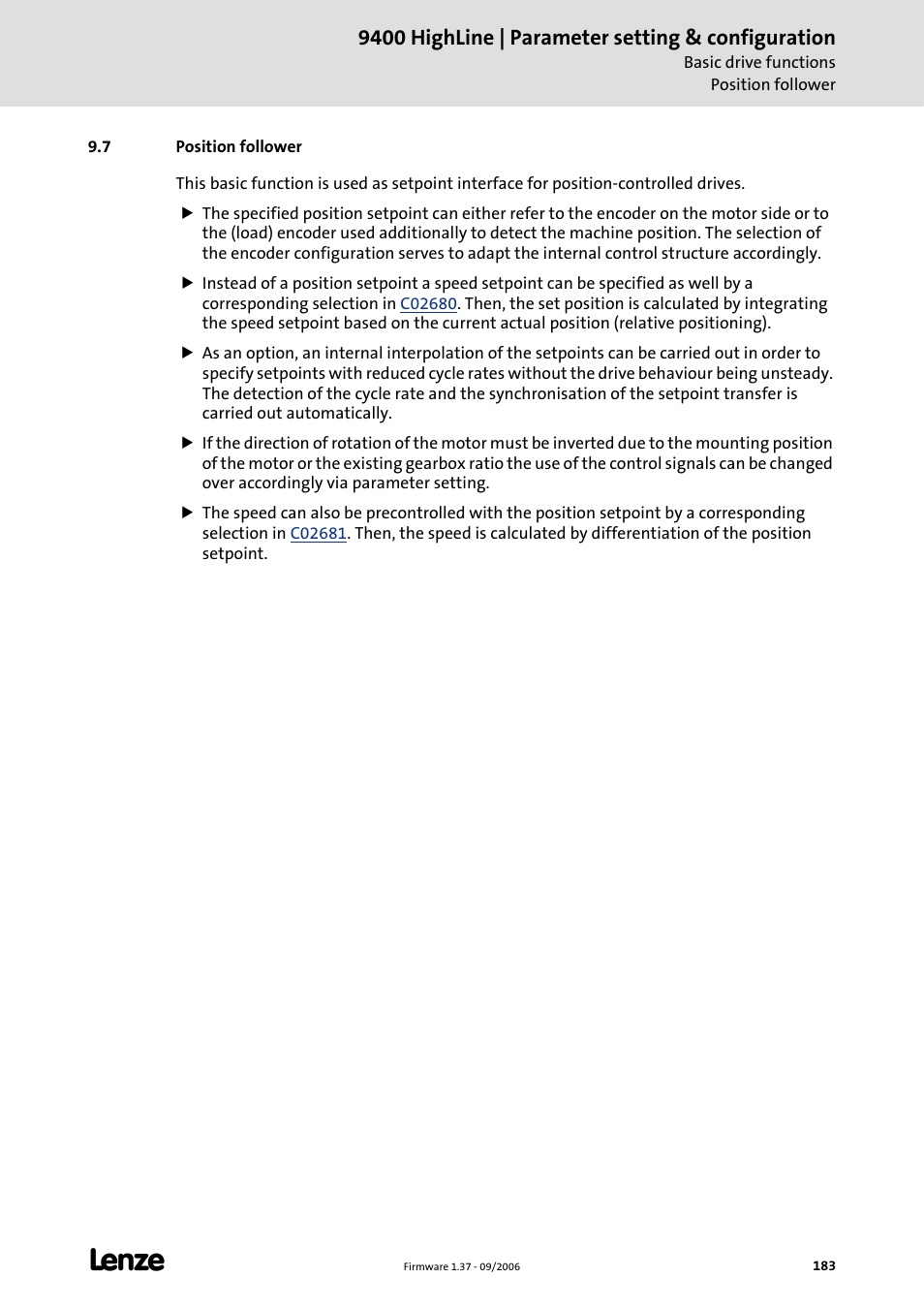 7 position follower, Position follower, Data for | C 183), Position follower (c 183), 9400 highline | parameter setting & configuration | Lenze E94AxHE Servo Drives 9400 HighLine (Firmware 01-37) User Manual | Page 183 / 679