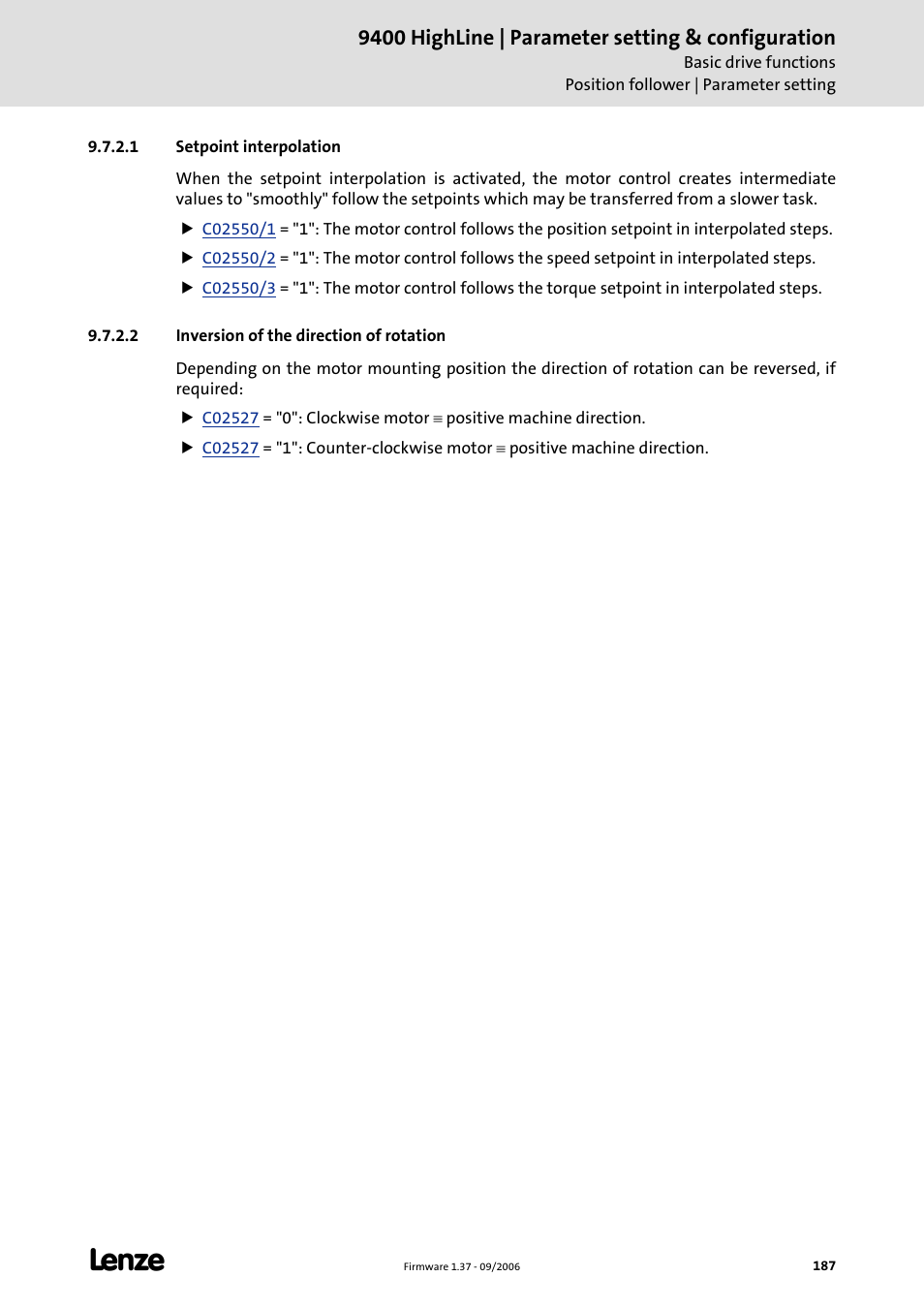 1 setpoint interpolation, 2 inversion of the direction of rotation, Setpoint interpolation | Inversion of the direction of rotation, 9400 highline | parameter setting & configuration | Lenze E94AxHE Servo Drives 9400 HighLine (Firmware 01-37) User Manual | Page 187 / 679