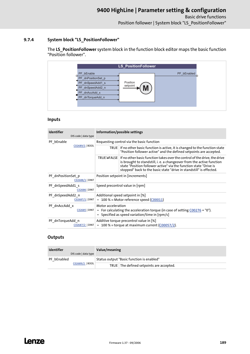 4 system block "ls_positionfollower, 9400 highline | parameter setting & configuration | Lenze E94AxHE Servo Drives 9400 HighLine (Firmware 01-37) User Manual | Page 189 / 679