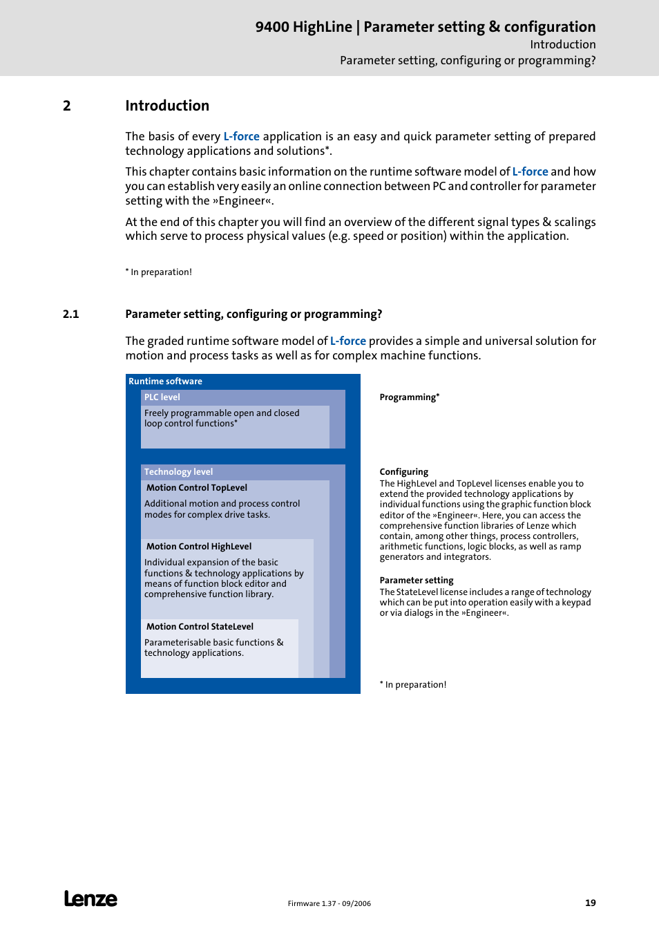 2 introduction, 1 parameter setting, configuring or programming, Introduction | 9400 highline | parameter setting & configuration, 2introduction | Lenze E94AxHE Servo Drives 9400 HighLine (Firmware 01-37) User Manual | Page 19 / 679